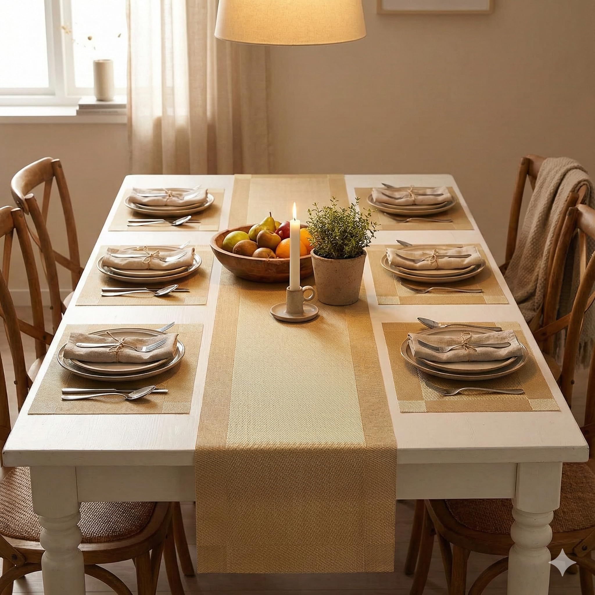 YELONA Dining Table Placemats and Runner Set - Heat Resistant, Washable, Stain Resistant Mats - Woven Vinyl Plastic - Easy to Clean-(45x30 cm 6 Placemats, 180x30 cm 1 Runner)-Ideal for Stylish Dining
