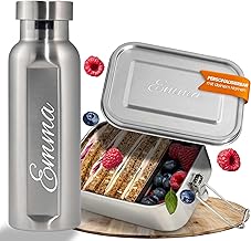 LOOXIS Personalisierte Edelstahl Lunchbox + Trinkflasche Set mit Namen graviert – 800 ml, 470 ml, inkl. Abtrennung, Auslaufsicher, Bento-Box – Geschenkidee, Einschulung, Sport, Outdoor, Freizeit