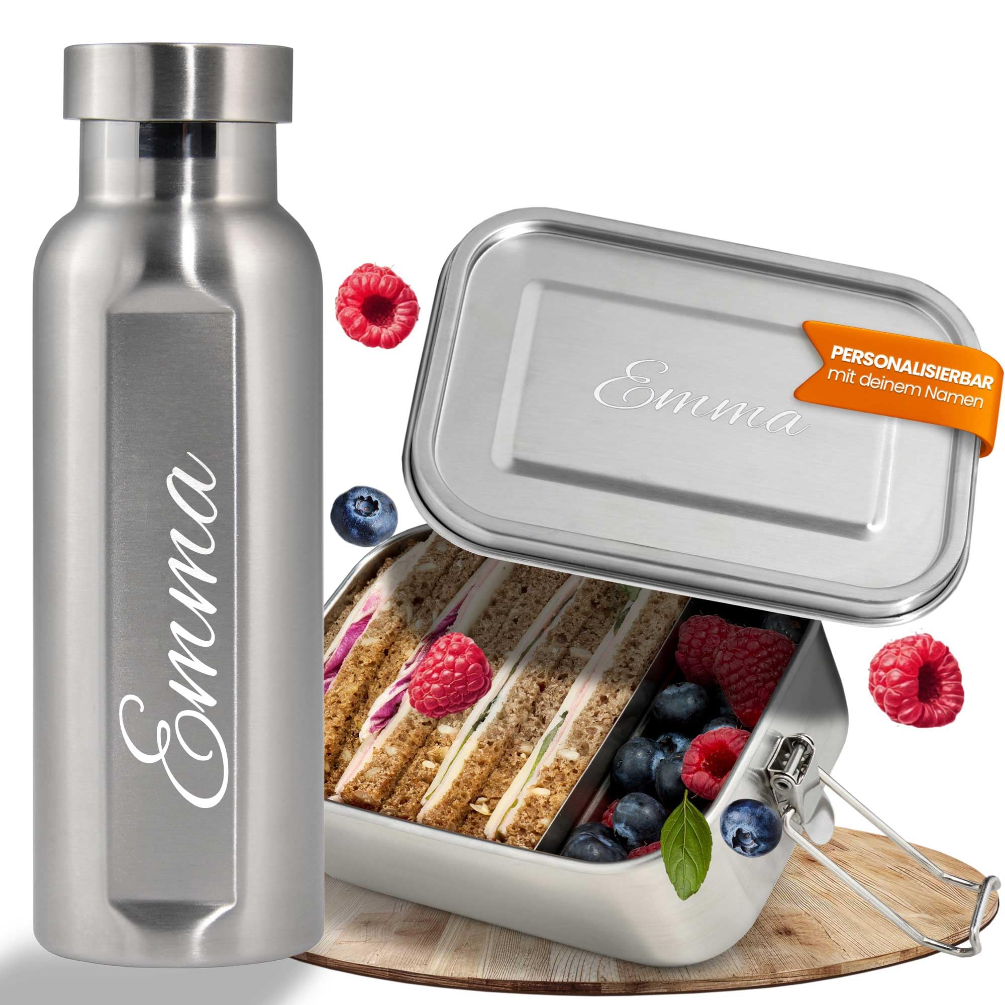 LOOXIS Personalisierte Edelstahl Lunchbox + Trinkflasche Set mit Namen graviert – 800 ml, 470 ml, inkl. Abtrennung, Auslaufsicher, Bento-Box – Geschenkidee, Einschulung, Sport, Outdoor, Freizeit