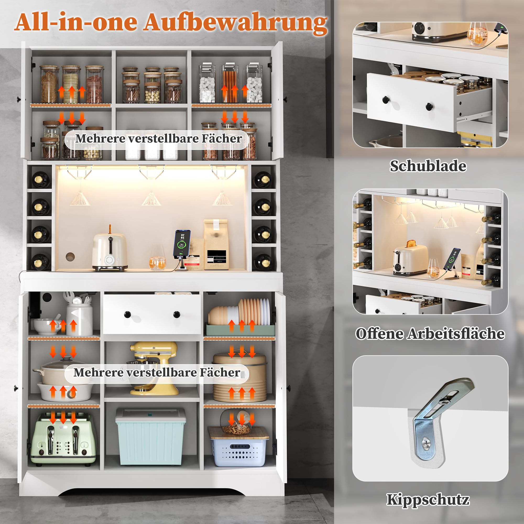 Armario de cocina con encimera, armario buffet con iluminación LED, enchufes, armario alto con soporte para copas de vino y compartimentos para botellas de vino, armario alto para comedor