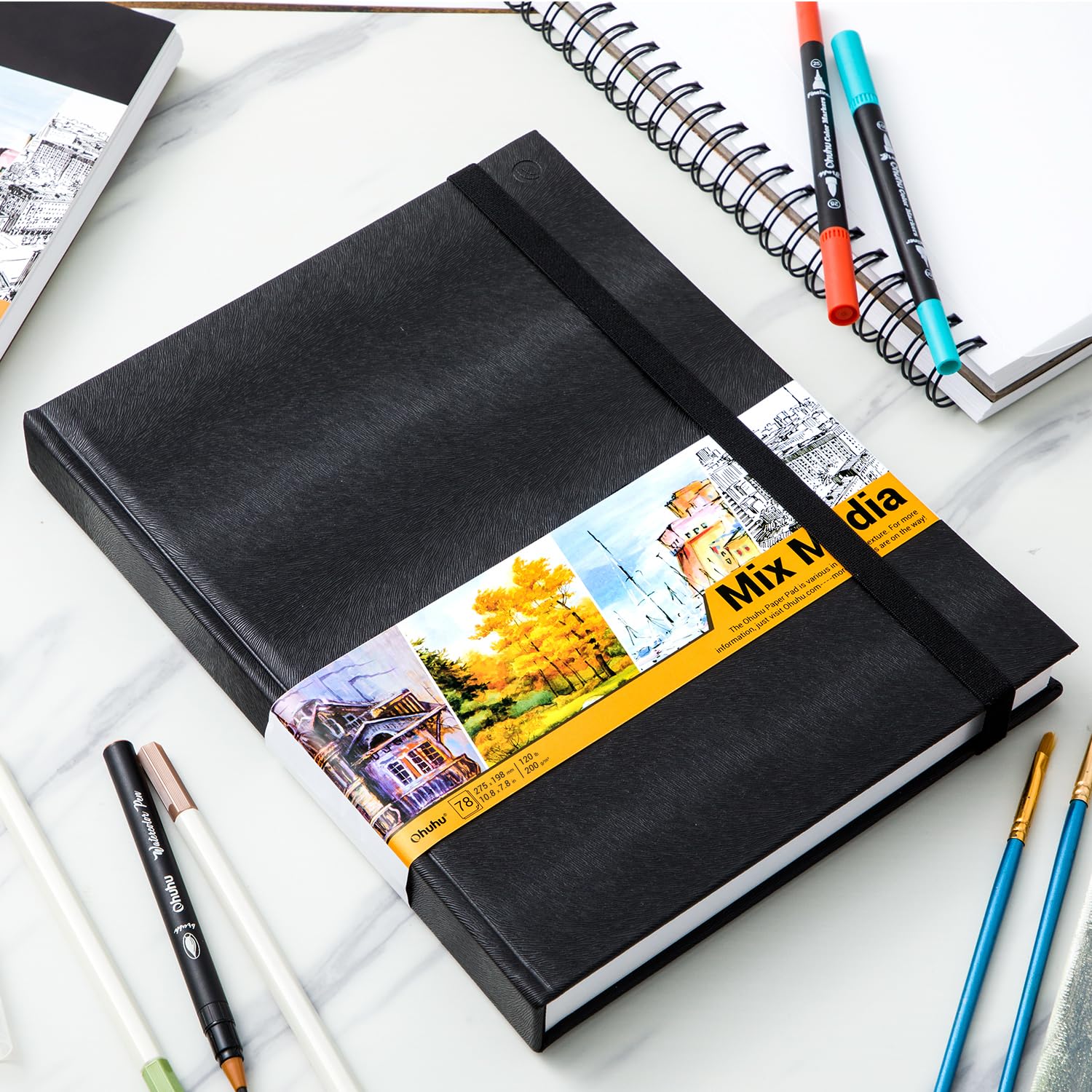 Ohuhu Cuaderno de Dibujo - 156 páginas / 78 hojas - 200 g/m2 - con Tapa Dura - Papel sin ácido, Cuaderno de bocetos para Marcador Acrílico Acuarela, 275mm x 210mm