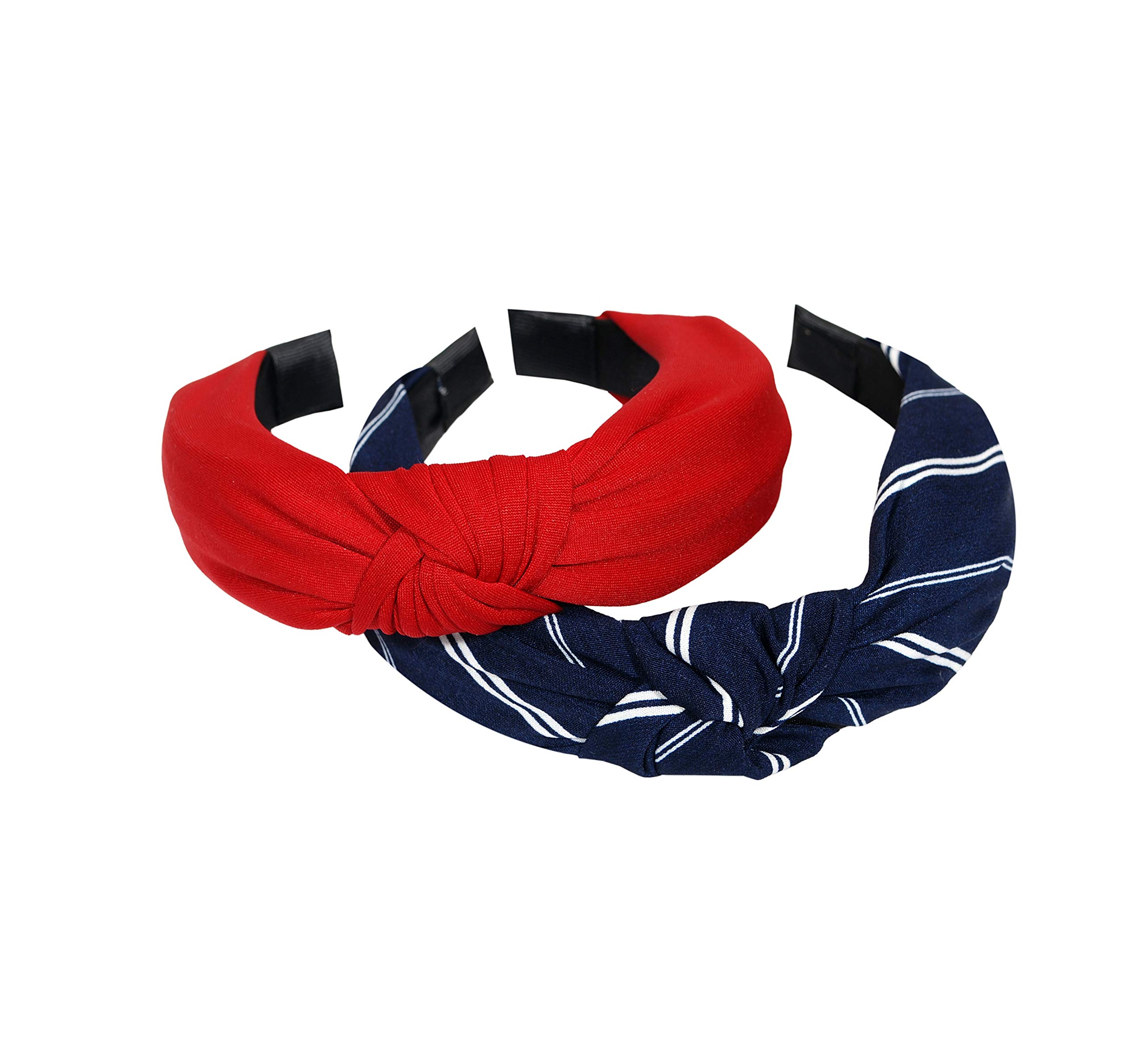 Vogue Hair Accessories Solid Fabric Knot with Stripes Plastic Hairband Headband for Girl and Women (Combo_Red_Blue_Set_2