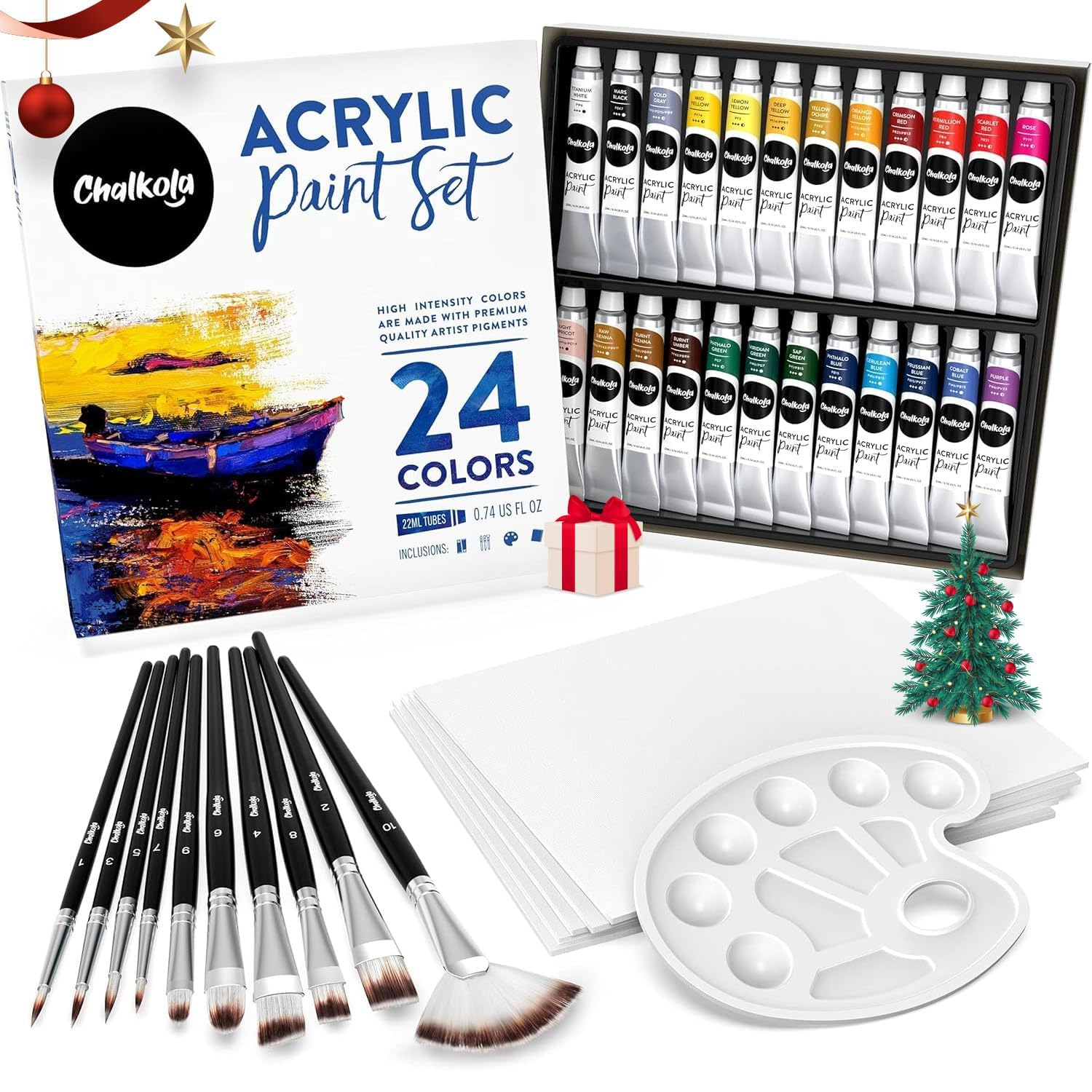 Chalkola 40 Acrylic Paint Set for Adults & Kids with 24 Acrylic Paints (22ml), 10 Painting Brushes, 5 Canvas for Acrylic Painting (8x10) & 1 Palette