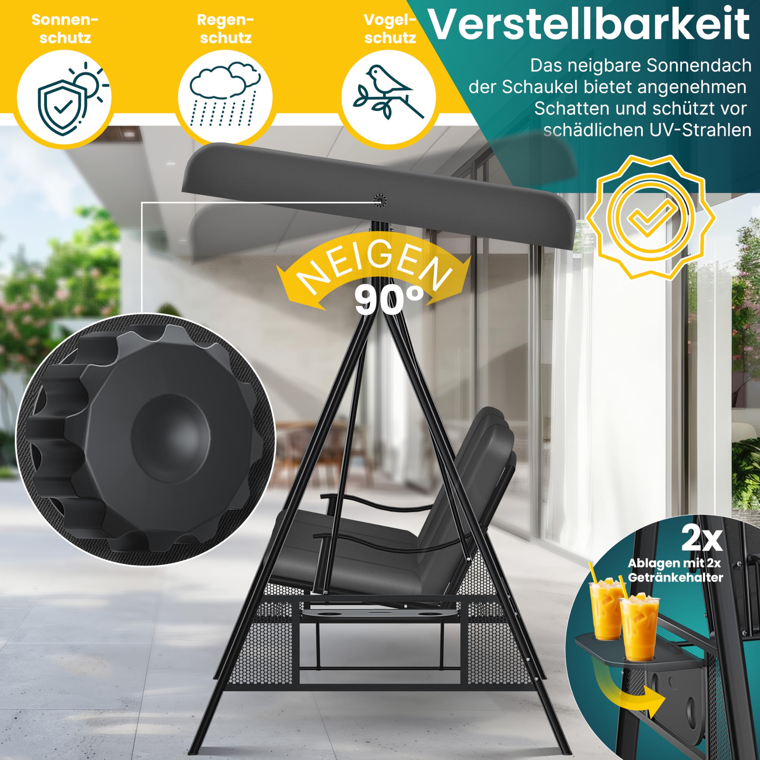 KESSER® Hollywoodschaukel mit Sonnendach 3-Sitzer & Sitzpolster-Auflage | Gartenschaukel bis 360kg belastbar | Gartenliege mit Anti-Rutsch-Füßen | Schaukelbank wasserabweisend für Outdoor & Indoor