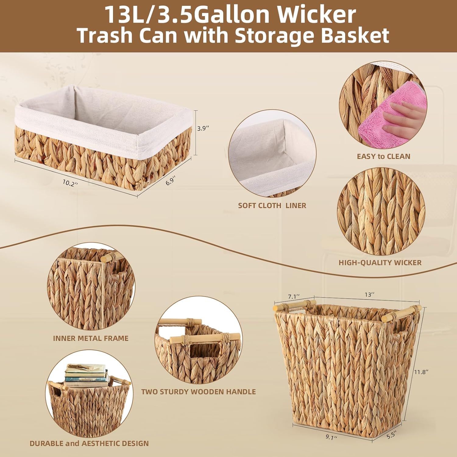 XLHOMO Wicker Storage Basket - 3.5 Gallon Waterproof Trash Can for Bathroom, Bedroom, Office