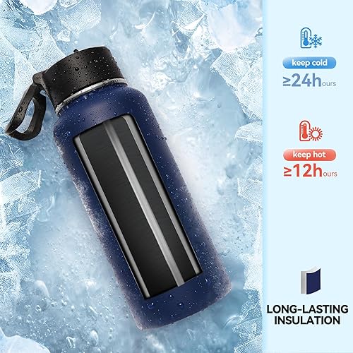 Miniatura 5 de Neihepal - Botellas de agua aisladas de 32 onzas a granel con 2 tapas (pajita y boquilla), botella de agua de acero inoxidable de doble pared, Azul