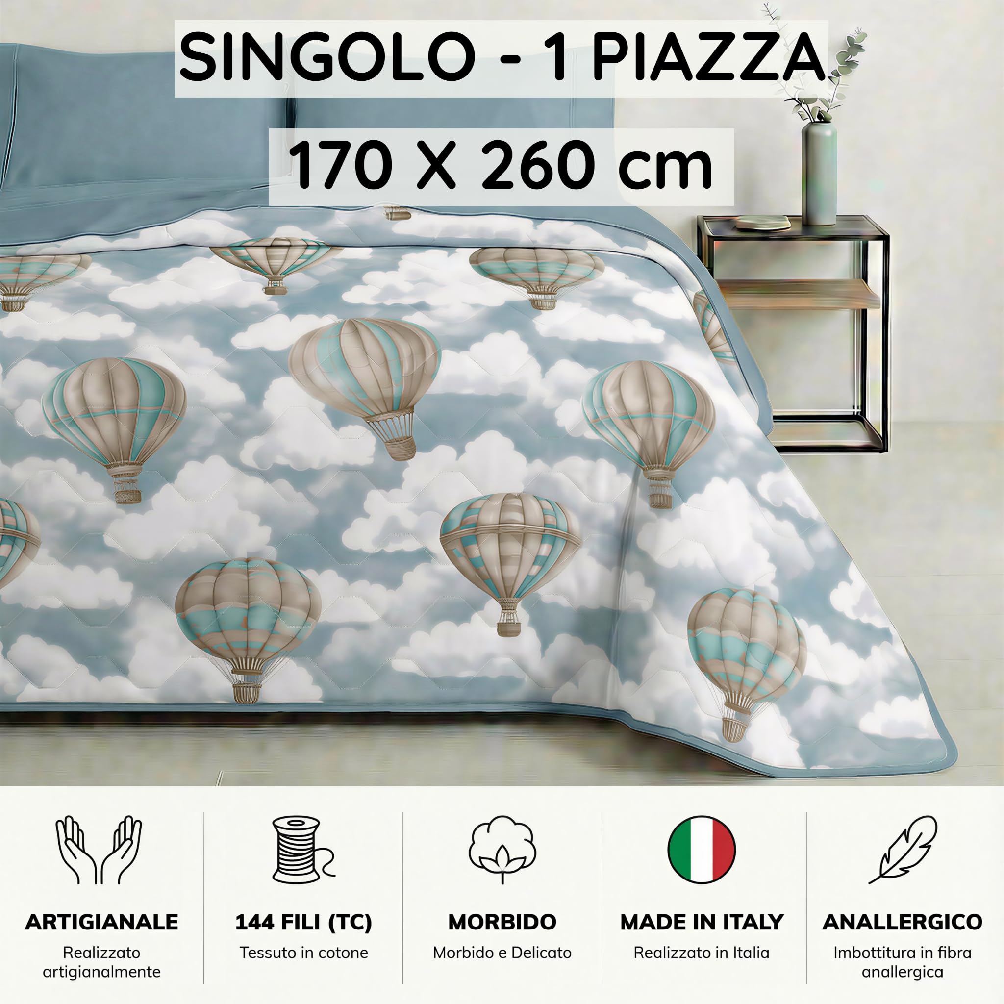 Mahome Trapuntino Singolo Primaverile Estivo in 100% Puro Cotone 170x260 cm Leggero Double Face - Copriletto Trapuntato morbido Traspirante Anallergico - Made in Italy – Fluttu Tiffani - 3