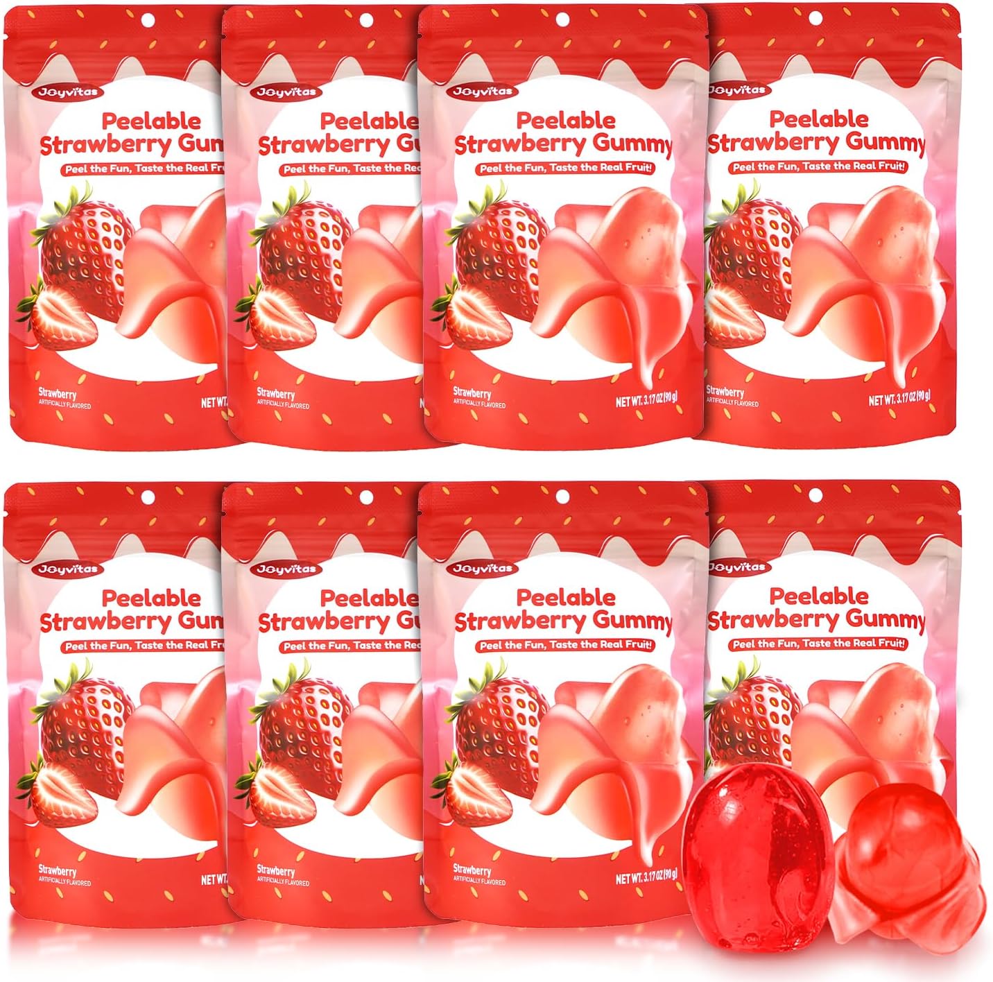 Peelable Strawberry Gummy Candy | 8-Pack (25.4oz) Individually Wrapped Tropical Variety | Low Sugar & Low Calorie | Resealable | Ideal New Year Treats & Celebration Bites