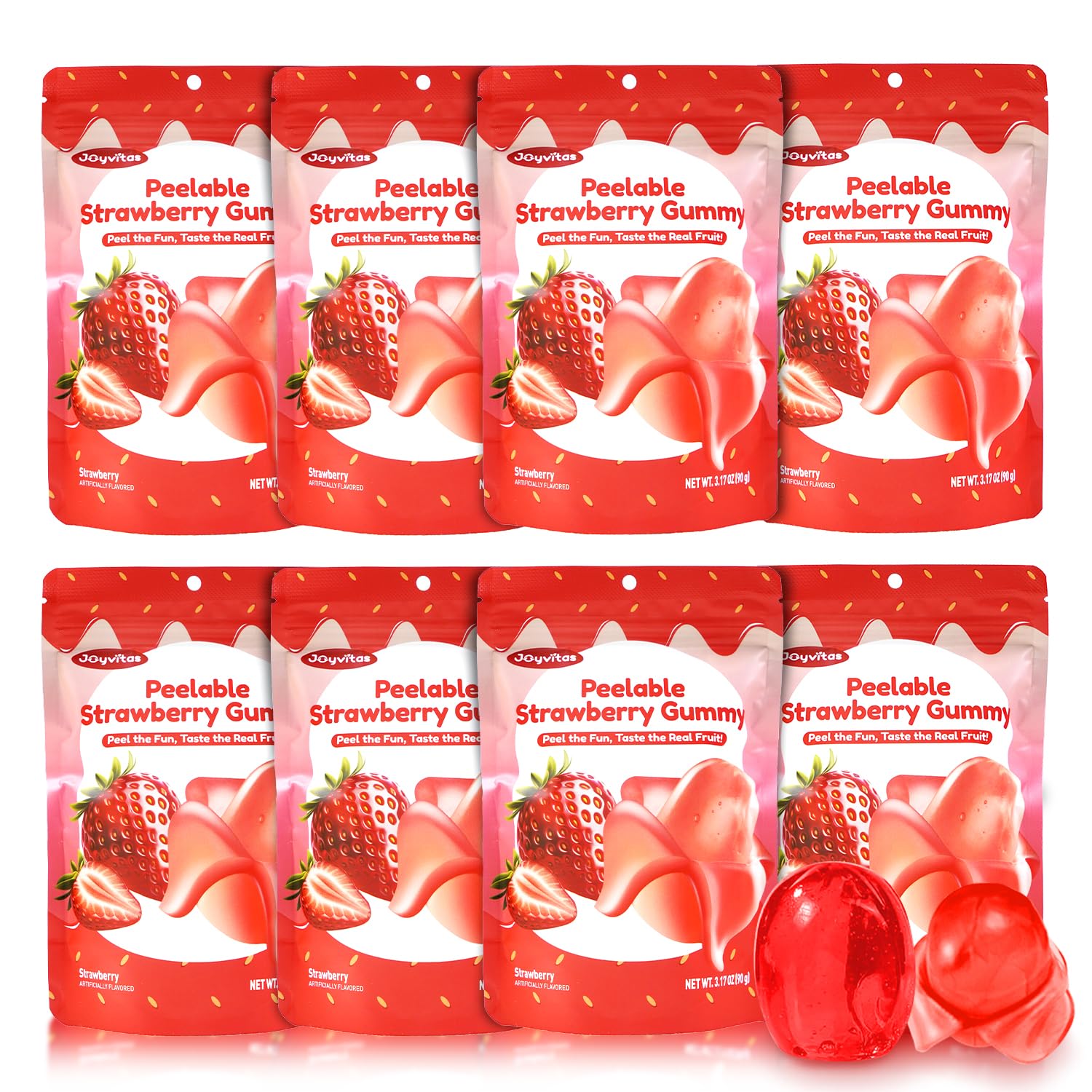 Christmas Peelable Gummy Strawberry Candy – Individually Wrapped Tropical Peeling Gummies Variety Pack, Low Sugar & Low Calorie, Perfect Stocking Stuffers & Christmas Gifts, Resealable Snacks (Pack of 8, 25.4oz, Strawberry)