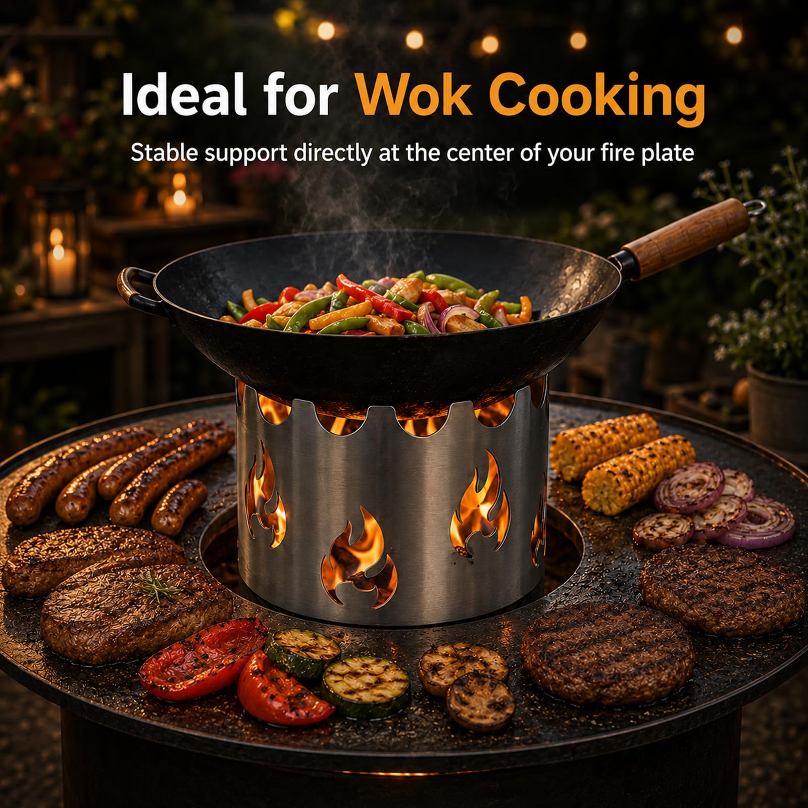 Soporte Wok de Acero Inoxidable para Plancha de Fuego con Abertura Ø 20 cm, Adaptador para Wok, Dutch Oven, Parrilla y Plancha, Accesorio para Barbacoa