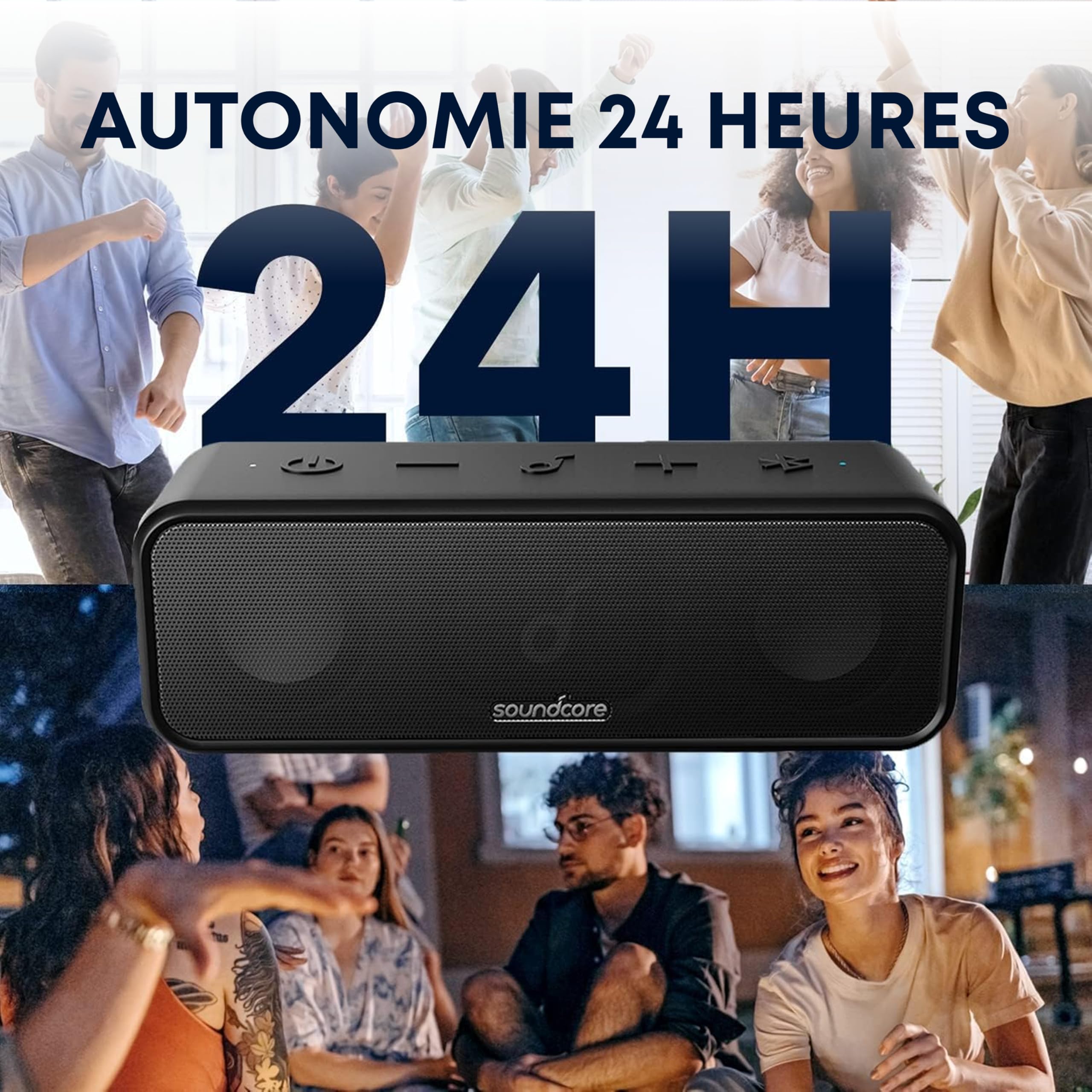 Soundcore 3 Enceinte Bluetooth Son stéréo, Drivers de diaphragme Pur Titane, Technologie PartyCast, BassUp, autonomie 24 h, étanchéité IPX7, appli pour égaliseurs personnalisés, utilisable à Domicile