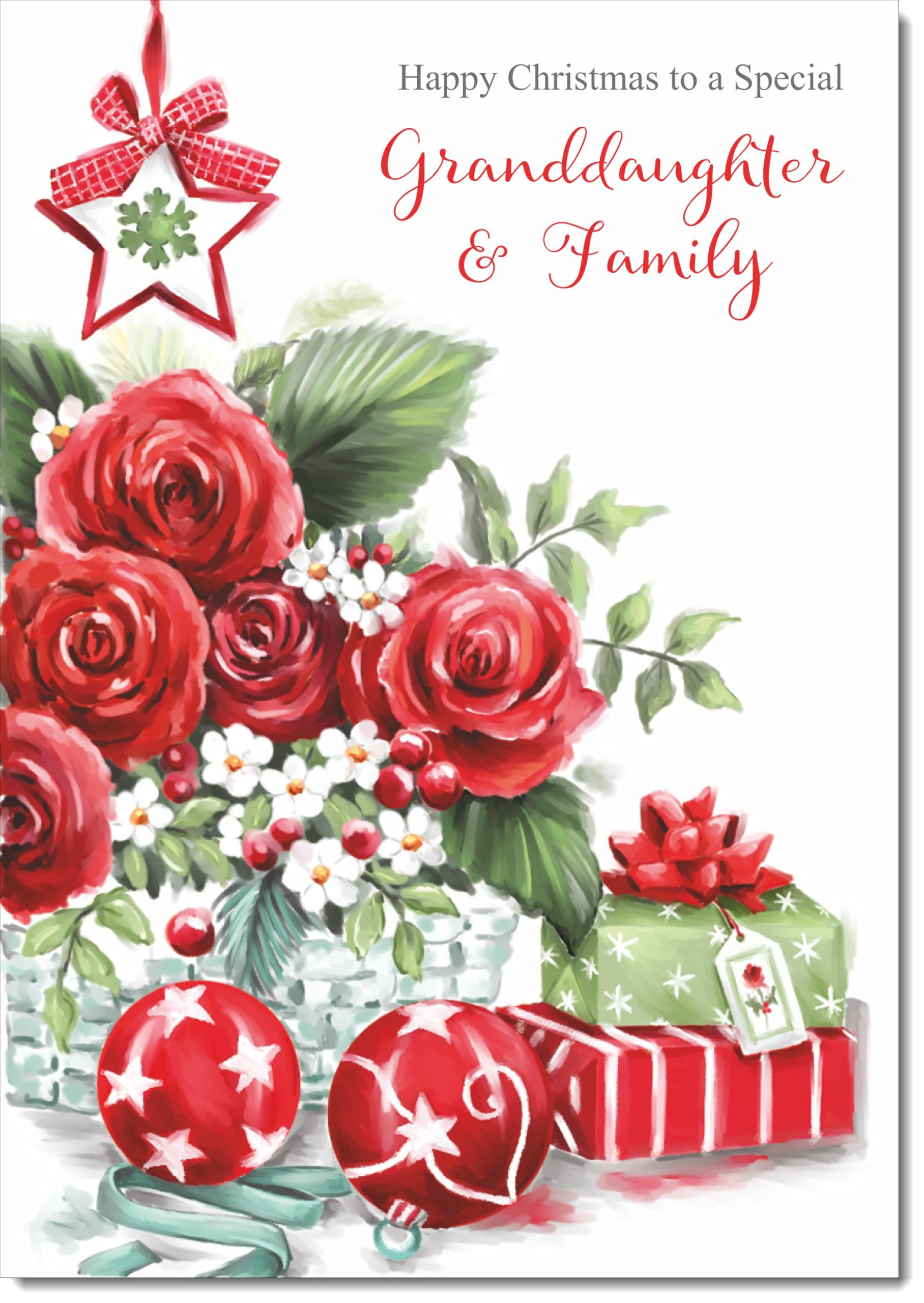 doodlecards Granddaughter and Family Christmas Card Red Flowers Large A4 Size Christmas Card for Granddaughter & Family with Plain Envelope — image 1