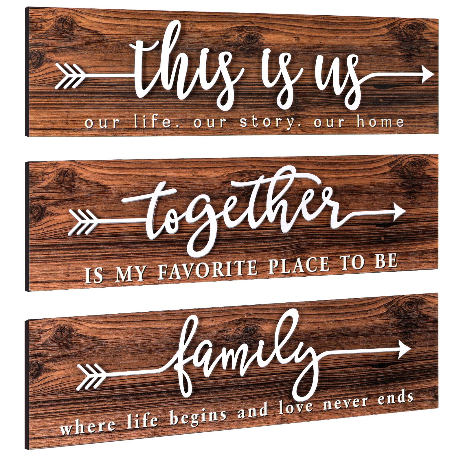 Jetec 3 Pieces Rustic Wall Decor Wooden Sign This is us Wall Decor Farmhouse Wooden Wall Art Sign Together Family Printed Arrow Wooden Wall Sign for Bedroom Living Room Office Home Wall Decor (White)