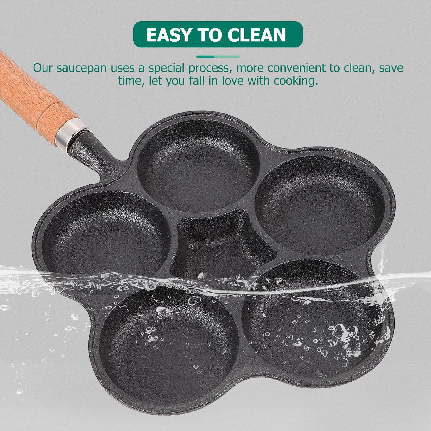 VICASKY Cast Iron Nonstick Egg Frying Pan with Wooden Handle, Five-hole Mold Omelette Pan for Easy Cooking and Heat Insulation, Kitchen Accessory for Breakfast