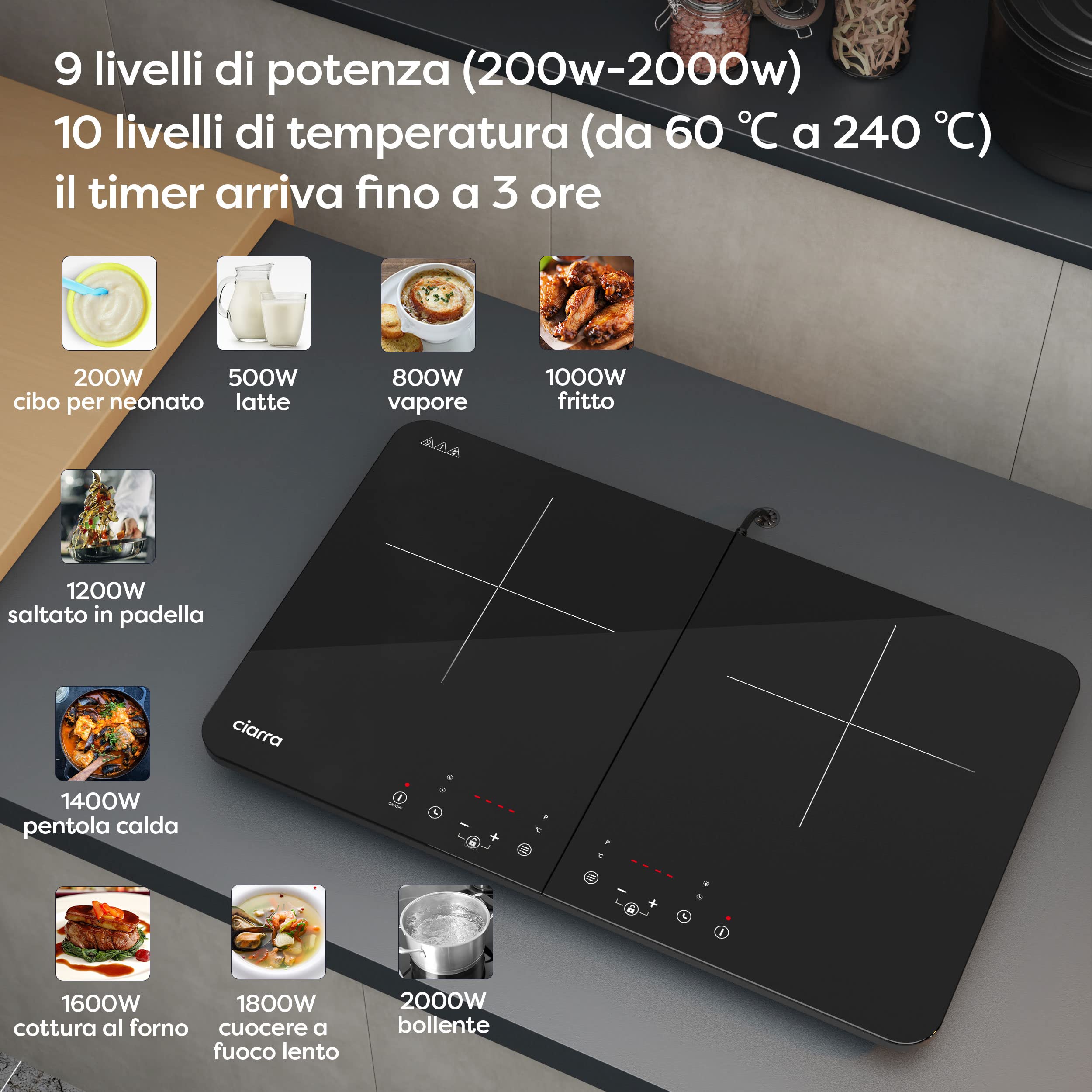 CIARRA CBTIH2 Doppio Piano Cottura a Induzione 3500 W Piastra Induzione 9 Livelli Pannello Controllo Touch Interruttore Sicurezza Multiplo Timer Automatico Blocco Bambini Nero