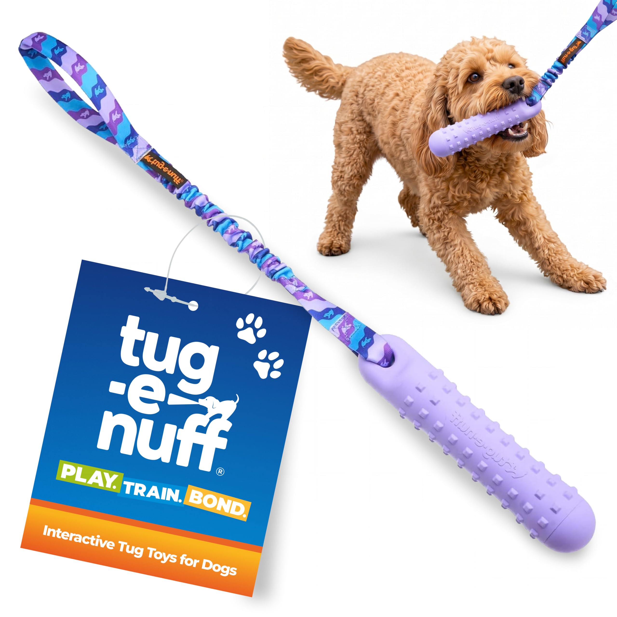 Tug-E-Nuff | BOB - Chupete para perro 3 en 1, juguete para atrapar, tirar y agua, duradero, impermeable, flotante. Mango elástico para tirar (morado)
