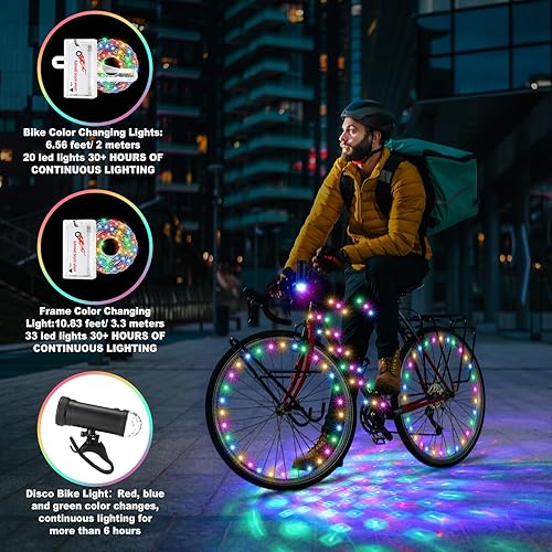 Miniatura 2 de VIHOSE 4 piezas de luz LED de discoteca para bicicleta, 2 ruedas de bicicleta, 1 marco de luces LED y 1 faro con batería para bicicleta, accesorios