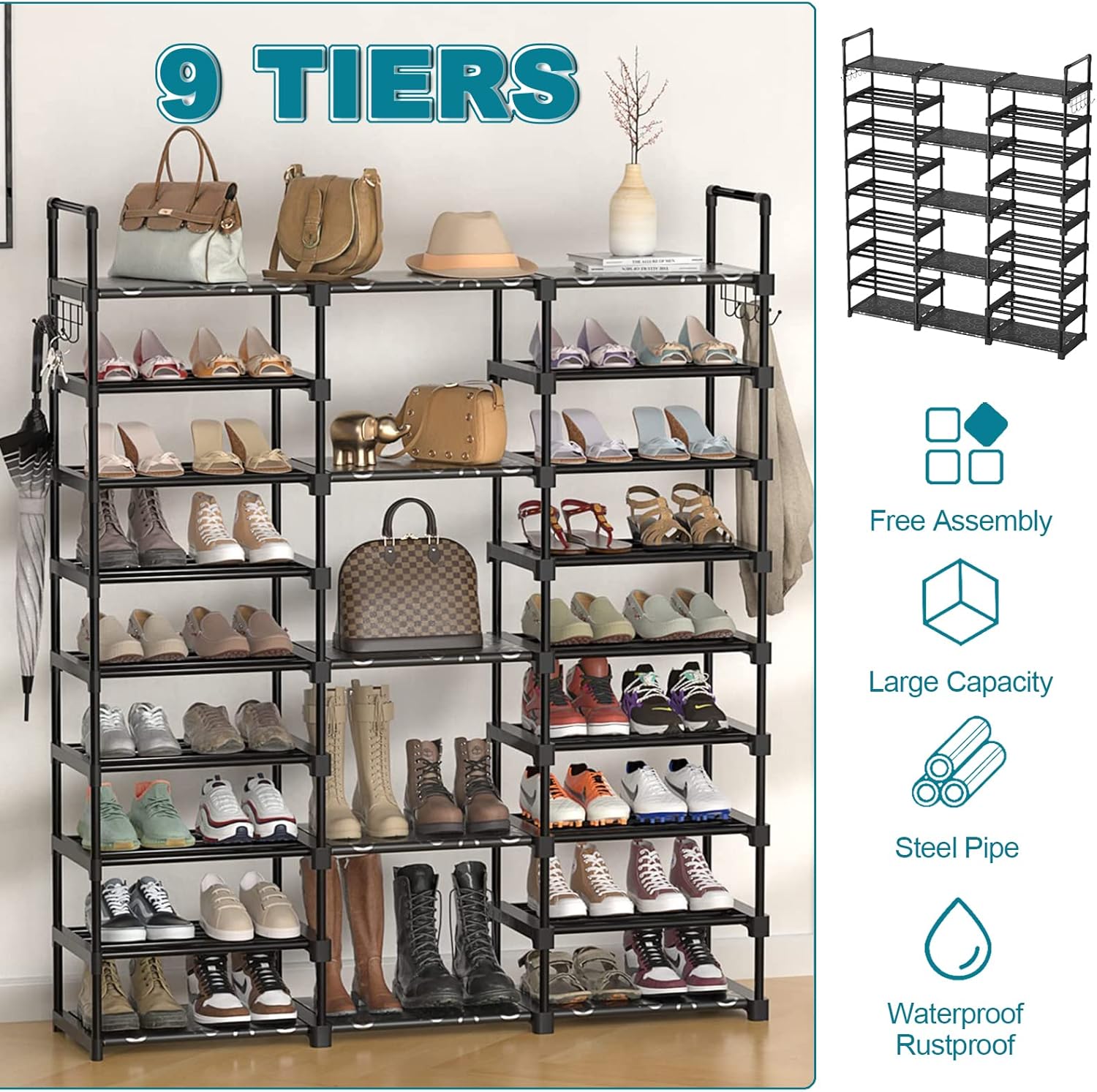 9-Tier Shoe Rack Storage Organizer, Shoe Shelf for Holds 50-55 Pairs Large Shose Stand with Adjustable Side Hooks for Entryway and Hallway