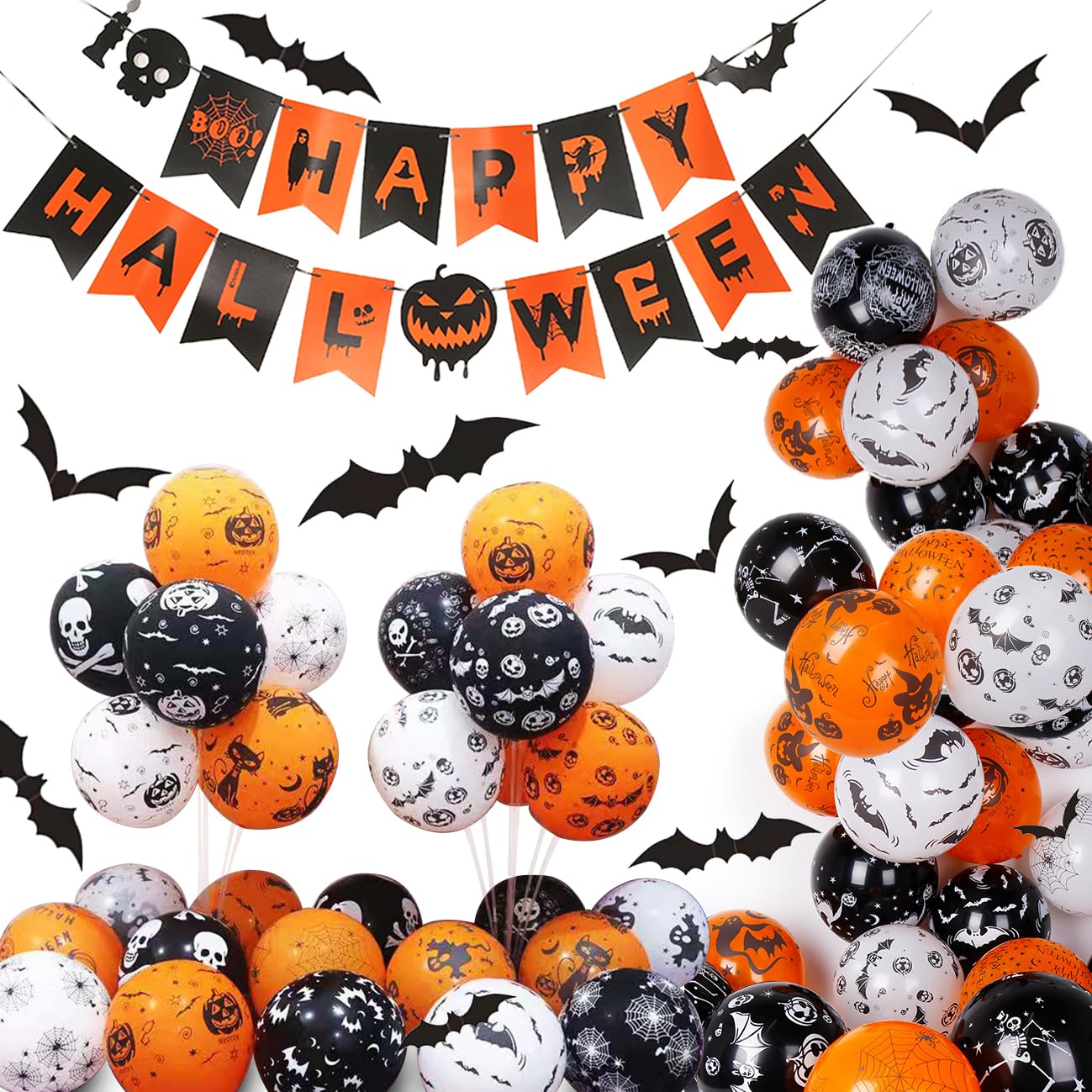 Halloween Party Decoration Set - 50pcs 12 Inch Pumpkin, Bat, Ghost, Skull, Specter, Spider Web Balloons | Scary Banner | 12Pcs Spider Decorations | 2 Rolls Balloon Strap