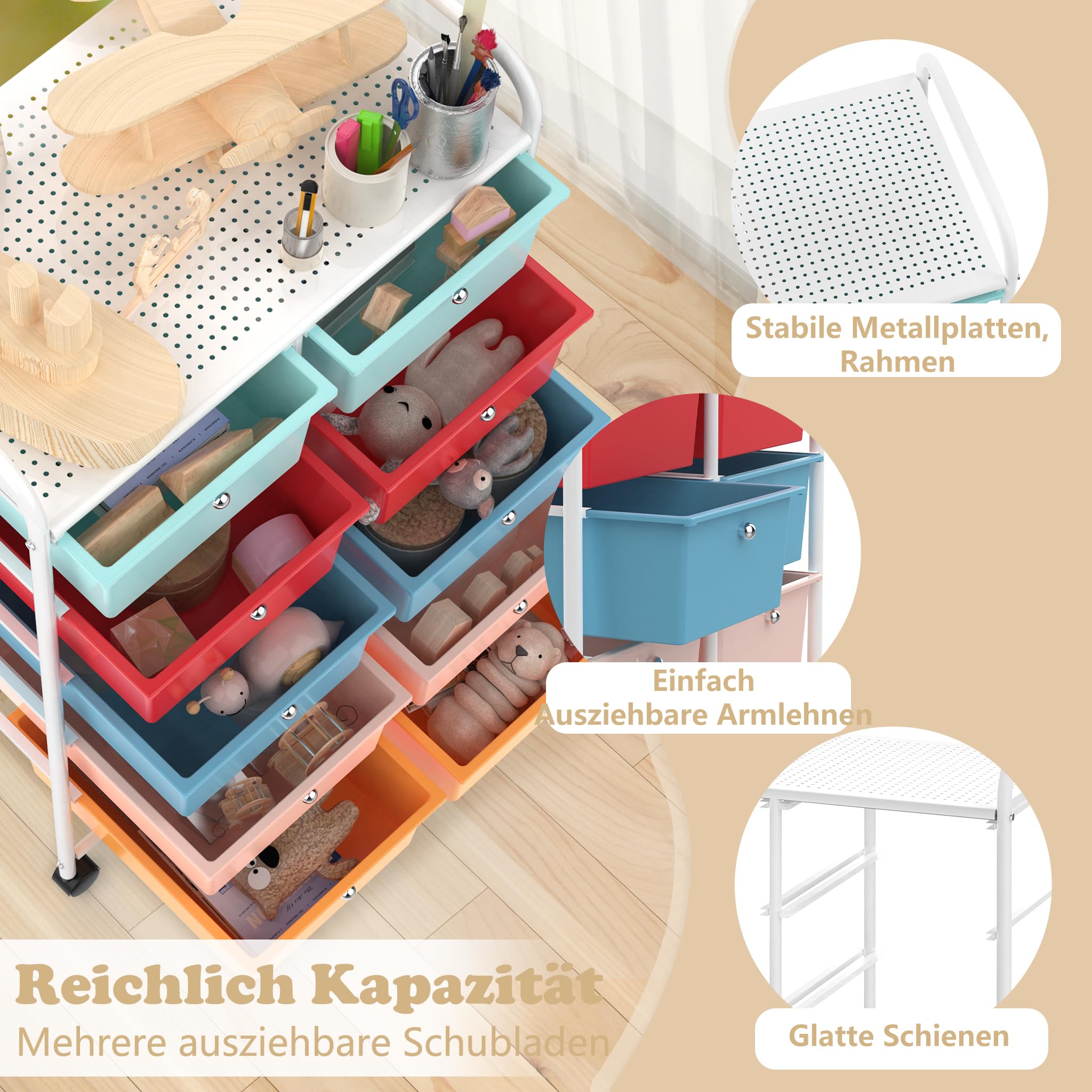 Carrello con 10 cassetti, impilabile, colorato, con struttura in metallo e ripiano, per ufficio, soggiorno (65 x 37 x 87 cm)