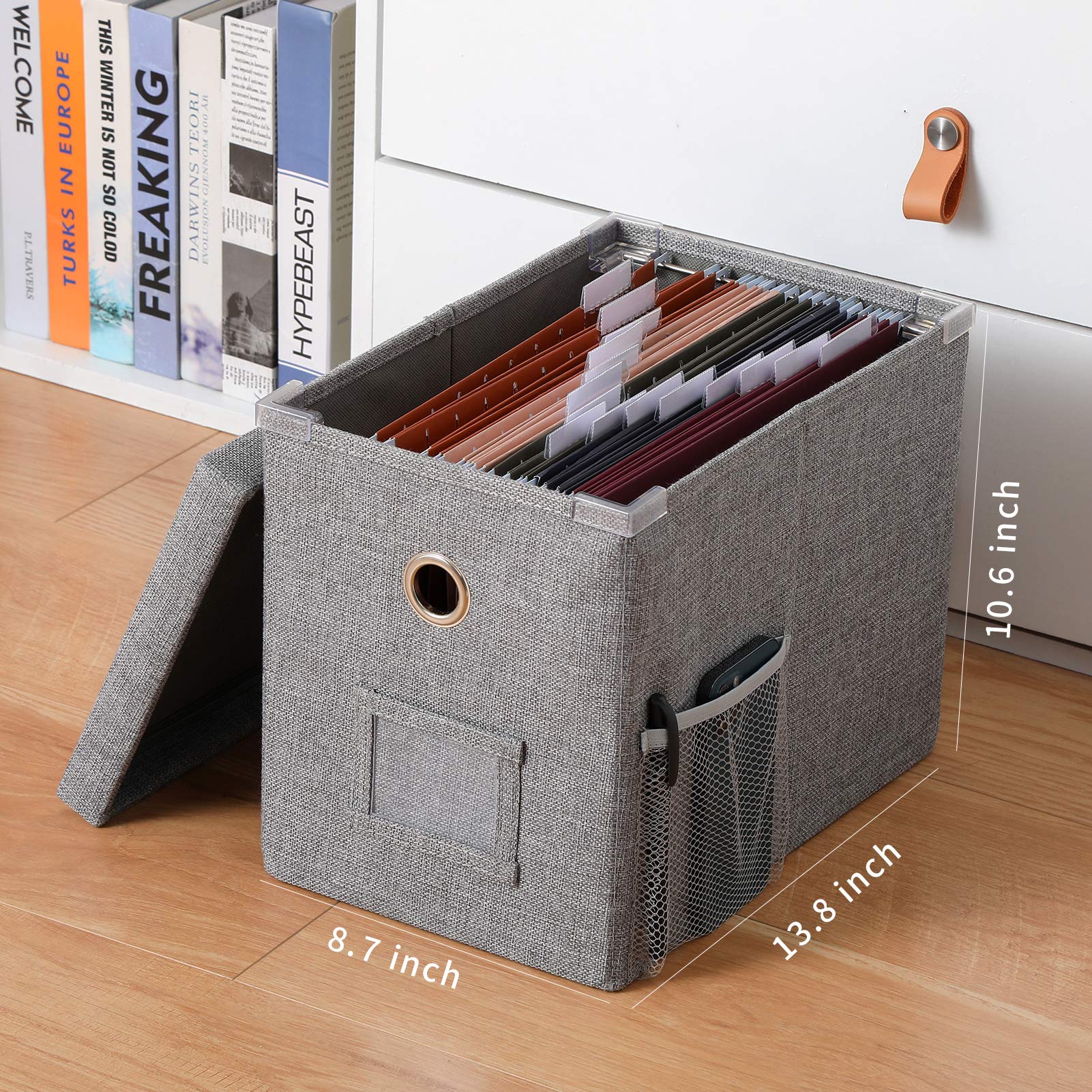 PONFM New Portable File Organizer Boxes, Collapsible Linen Hanging Filing Storage Boxes with Plastic Slide, Decorative Home/Office Filling System for File