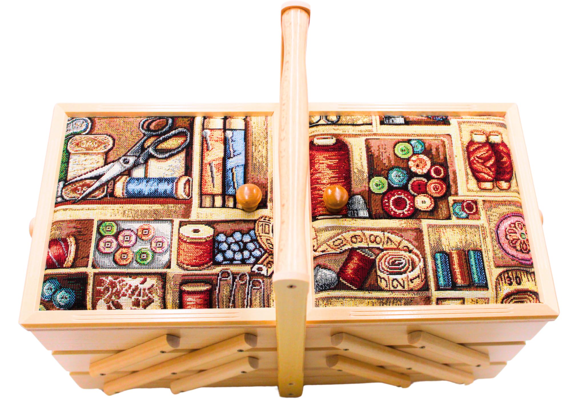 Costurero en madera contrachapada con 7 compartimentos y funda de tela, diseño de aguja en color natural, 42 x 20 x 21 cm