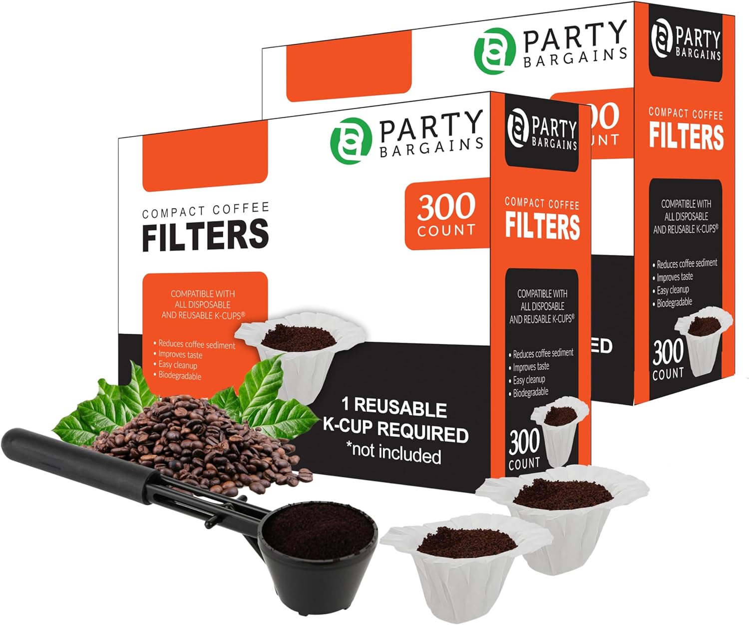 Party Bargains 600 Compact White Coffee Filters with Black Coffee Scoop Funnel for Reusable Single-Serve Pods (K-Cup Style)