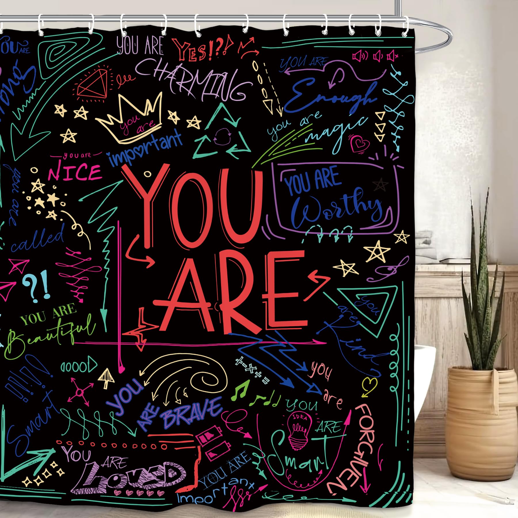 Yookeb Kids Quotes Neon Cool Bathroom Shower Curtain 60W by 71H Inch Motivational Positive You are Teen Boys Girls Graffiti Inspirational Line Art Accessory Polyester 12 Hooks Waterproof Decor