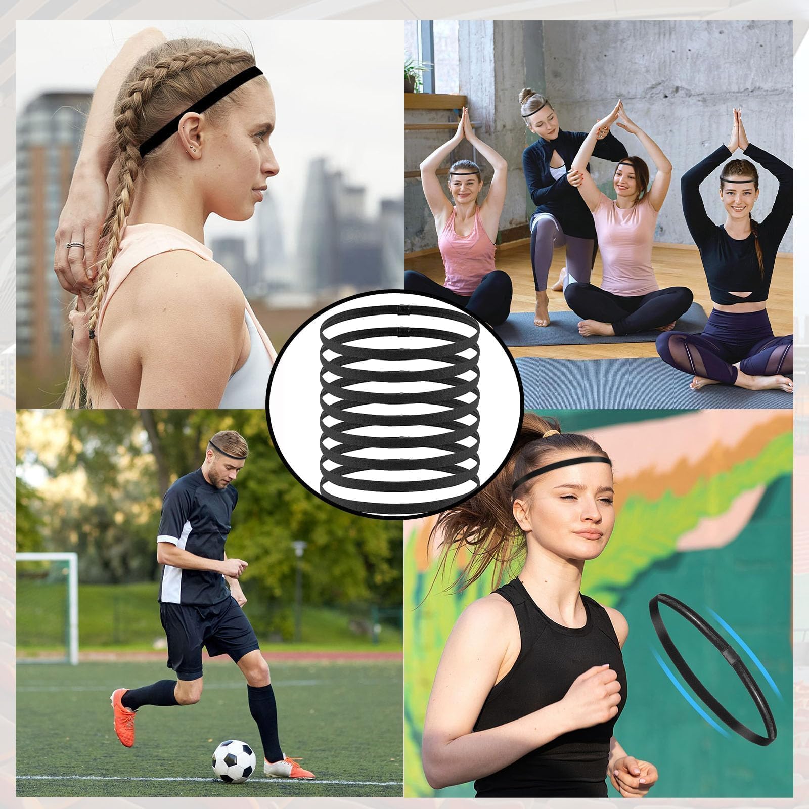 9 Piezas Diadema Deportiva Elásticas Antideslizante, Cinta Pelo Deporte, Hombre Mujer Deporte Diadema para Yoga/Fitness/Correr/Ciclismo (Negro)