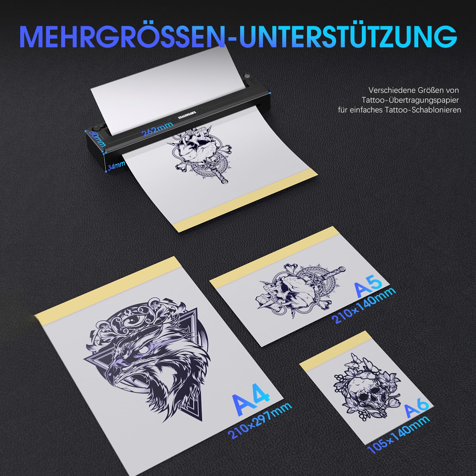 Dragonhawk Tattoo Schablonen Drucker Kabelloser Bluetooth für Smartphone & PC, tragbarer Thermodrucker, kompatibel mit Android, iOS, macOS, Windows – ideal für Anfänger & Profis