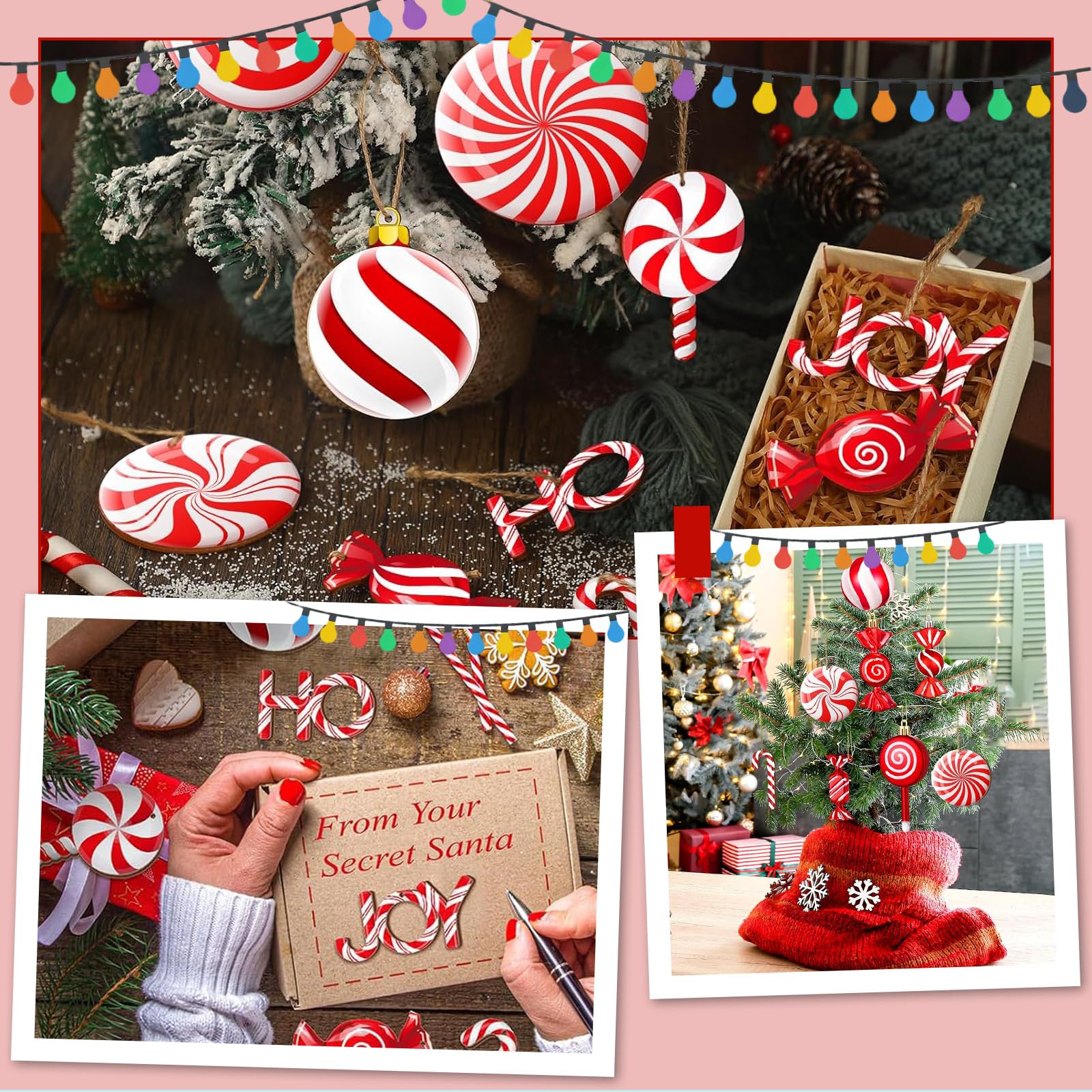 Adornos de Navidad Caramelos 24 Piezas 3-8cm Decoracion Arbol de Navidad Cajas de Madera para Dulces Decoración Navidad para árboles de Navidad, Fiestas, Decoraciones Navideñas
