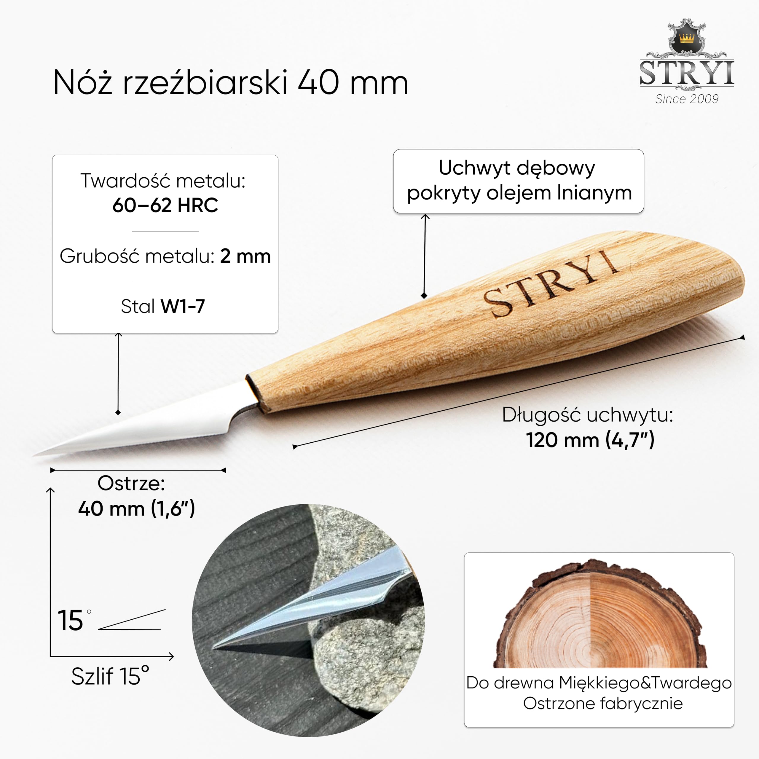 NÓŻ DO RZEŹBIENIA W DREWNIE 40 mm STRYI PROFI – NÓŻ DO WHITTLINGU, SLOYD, DETALICZNY – WYKONANY Z HARTOWANEJ STALI WĘGLOWEJ
