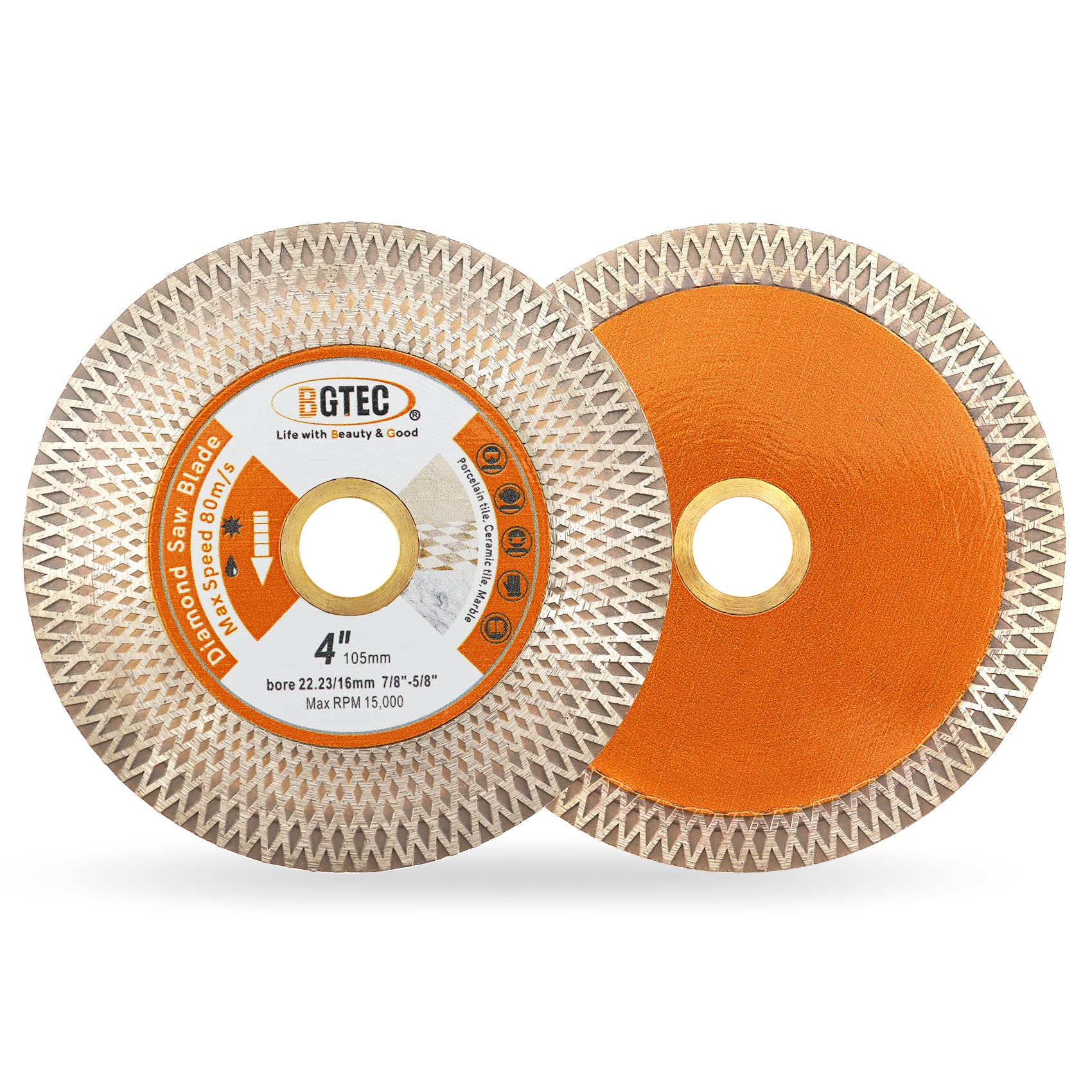 BGTEC Hojas de sierra de diamante, rueda de corte de 4 pulgadas/105 mm de malla de doble cara para baldosas de cerámica, porcelana, mármol, piedra artificial, 2 piezas