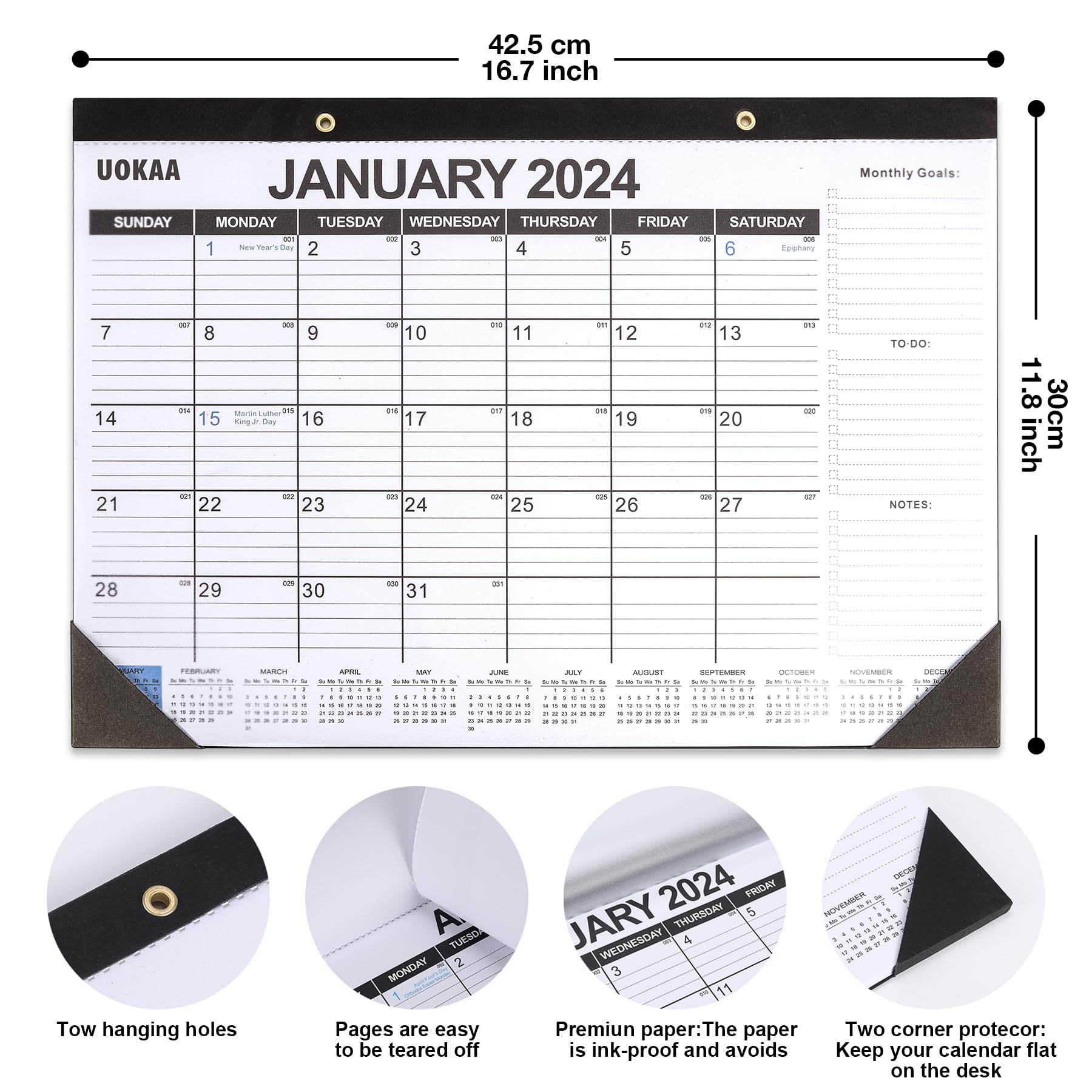 Calendario académico grande de escritorio 2024-2025, almohadilla de escritorio de 24 meses, 17 x 12 pulgadas, enero de 2024 a diciembre de 2025, calendario de pared de escritorio con grandes