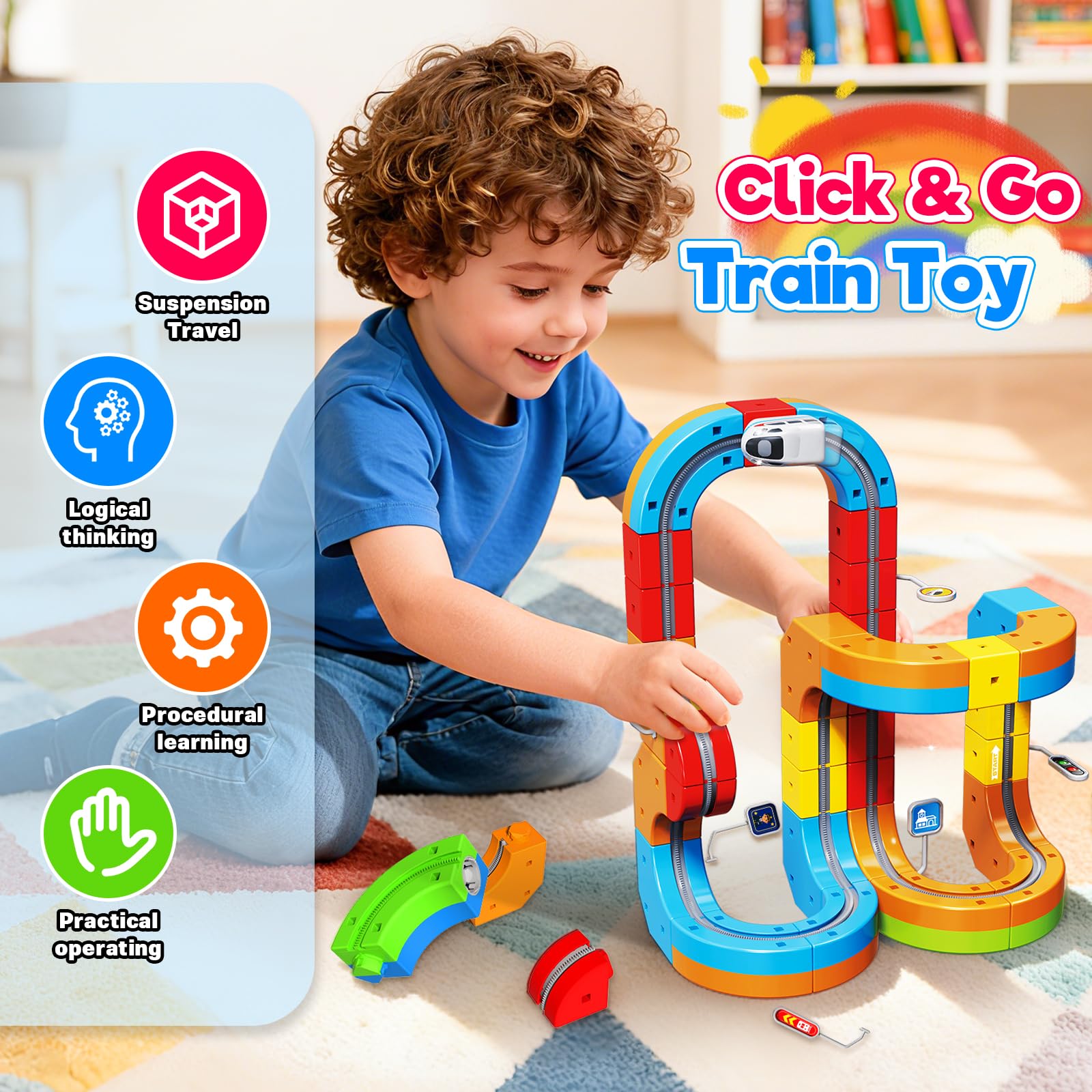 Goody King Eisenbahn Kinder Elektrisch 110 Teile - 3D Magnetbahn mit Verkehrszeichen - DIY Cube Track & Enthält Züge - Kreatives Konstruktionsspielzeug Geschenk für Kinder ab 4-12 Jahren