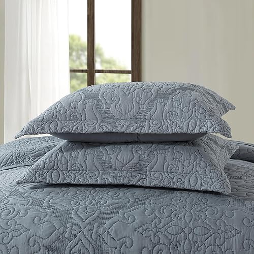 Vista 188 de NEWLAKE Juego de colcha de algodón, juego de colcha reversible de retazos, estampado real clásico turquesa, tamaño Queen Turquesa Clásico