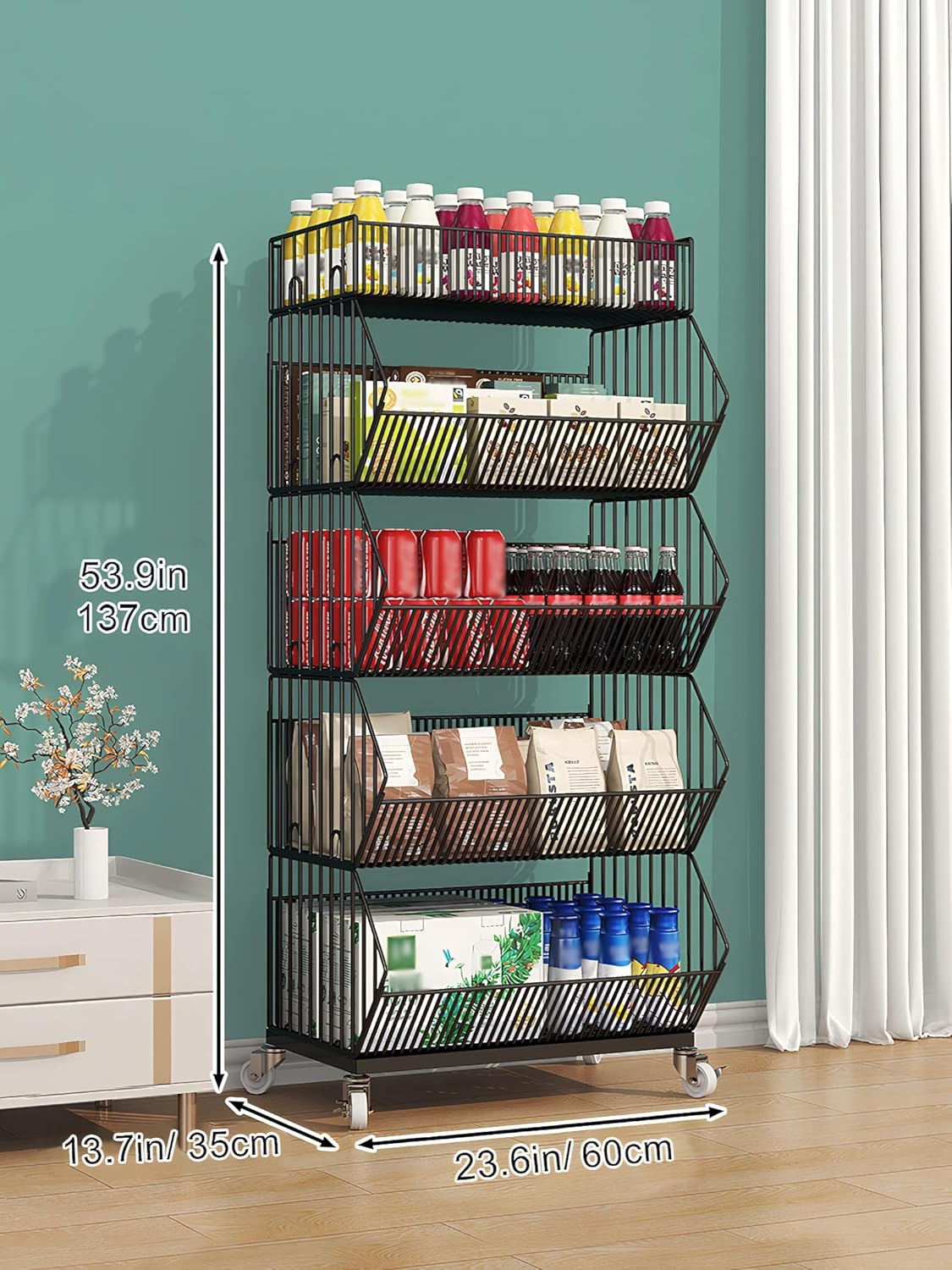 5-Tier Slanted Rolling Retail Display Rack with Locking Wheels | Heavy-Duty Metal Snack & Chip Display Stand for Grocery Stores, Supermarkets, Bakery | Space-Saving Store Organization Shelf