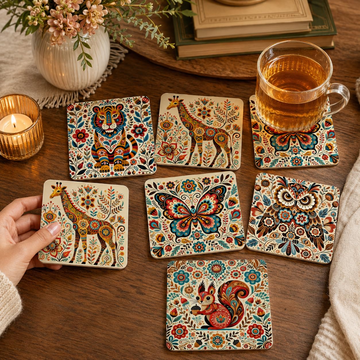 Folk Animal Coasters Set of 6, Multicolour Square Mats | Detailed wildlife and floral illustrations for dining spaces, desks and gifting-image-18