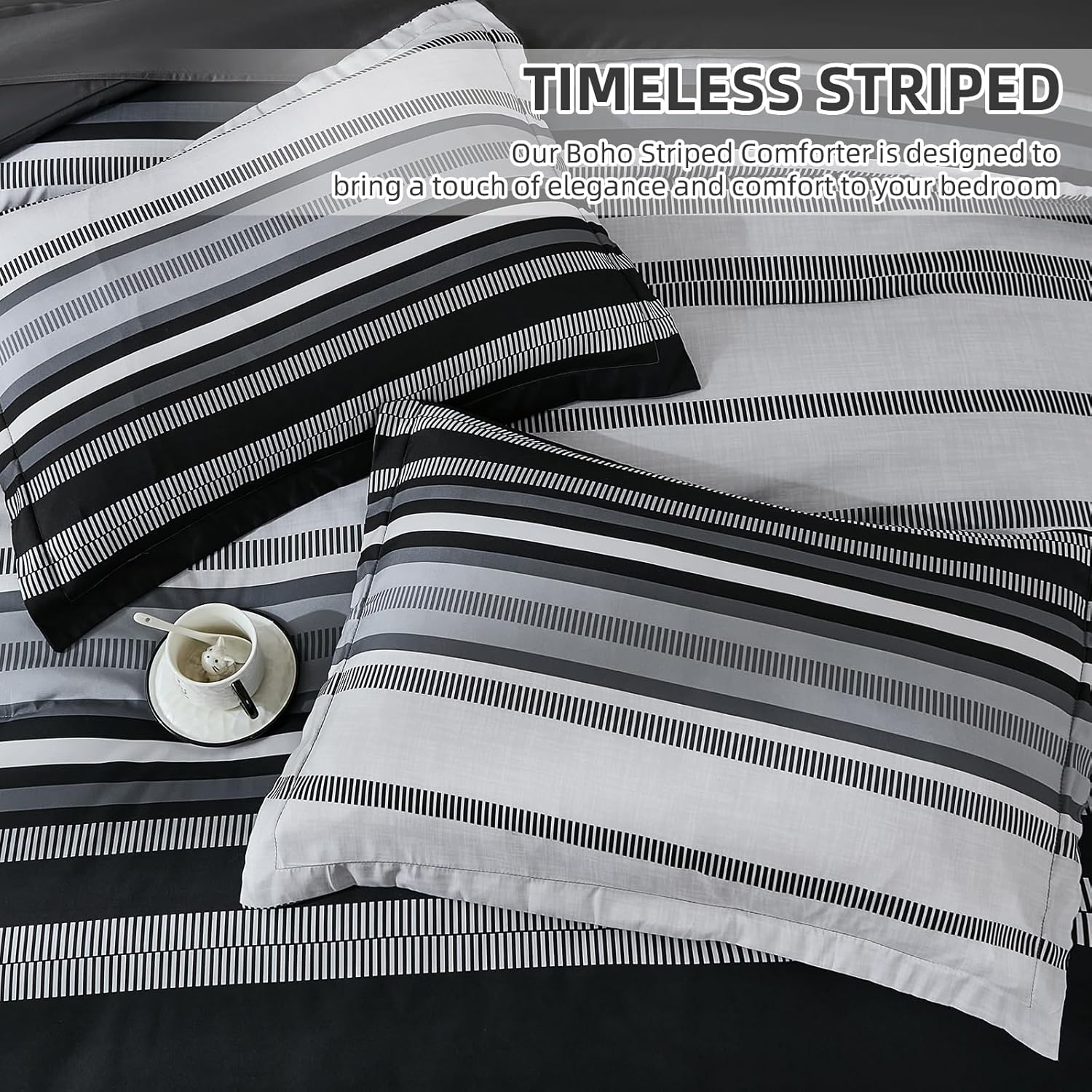Dobuyly Black Comforter King Size Set 7 Pieces, Boho Striped Grey Bed in a Bag Soft Microfiber Bedding Set with Comforter, Sheets, Pillowcases & Shams All Season - Image 5