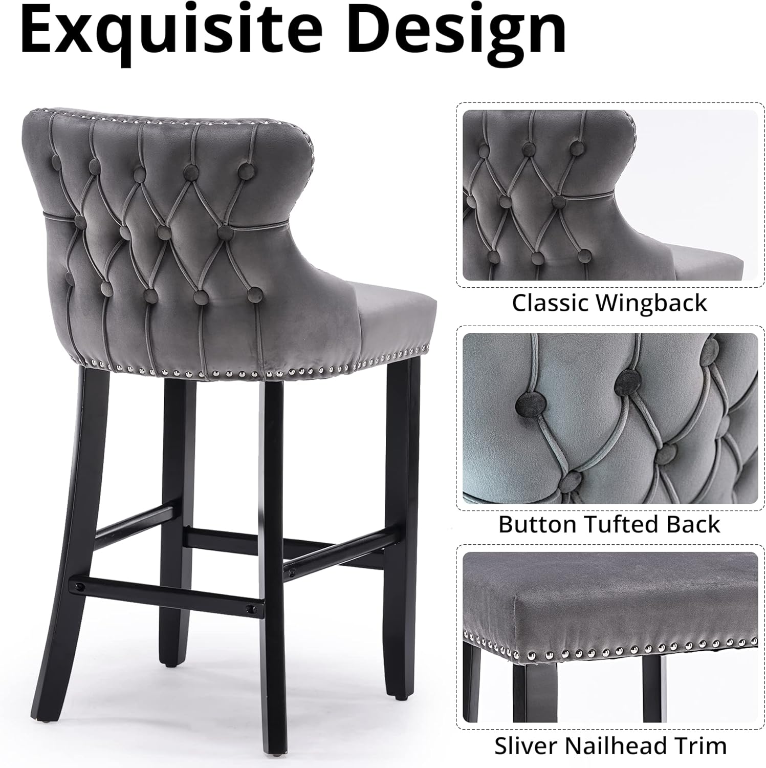i-POOK Counter Height Bar Stools Set of 2, Velvet Upholstered Barstools with Solid Wood Legs, Button Tufted and Nailheads Trim, Wing-Back Bar Chairs for Kitchen Island Dining Room Pub, Gray