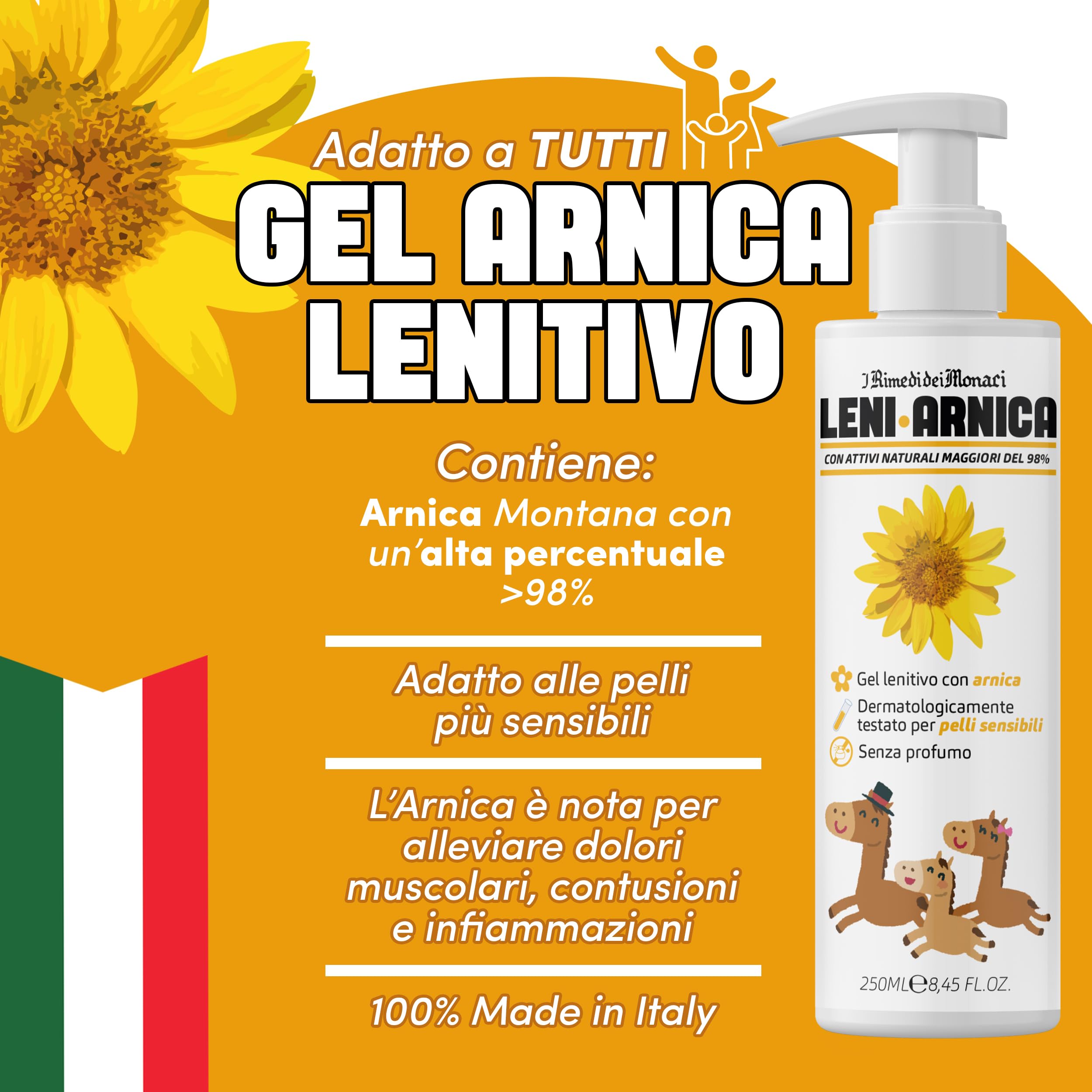 LeniArnica Gel Arnica Montana al 98% per Pelli Sensibili - Lenitivo, Ipoallergenico, Senza Profumo - Dermatologicamente Testato (250ml)