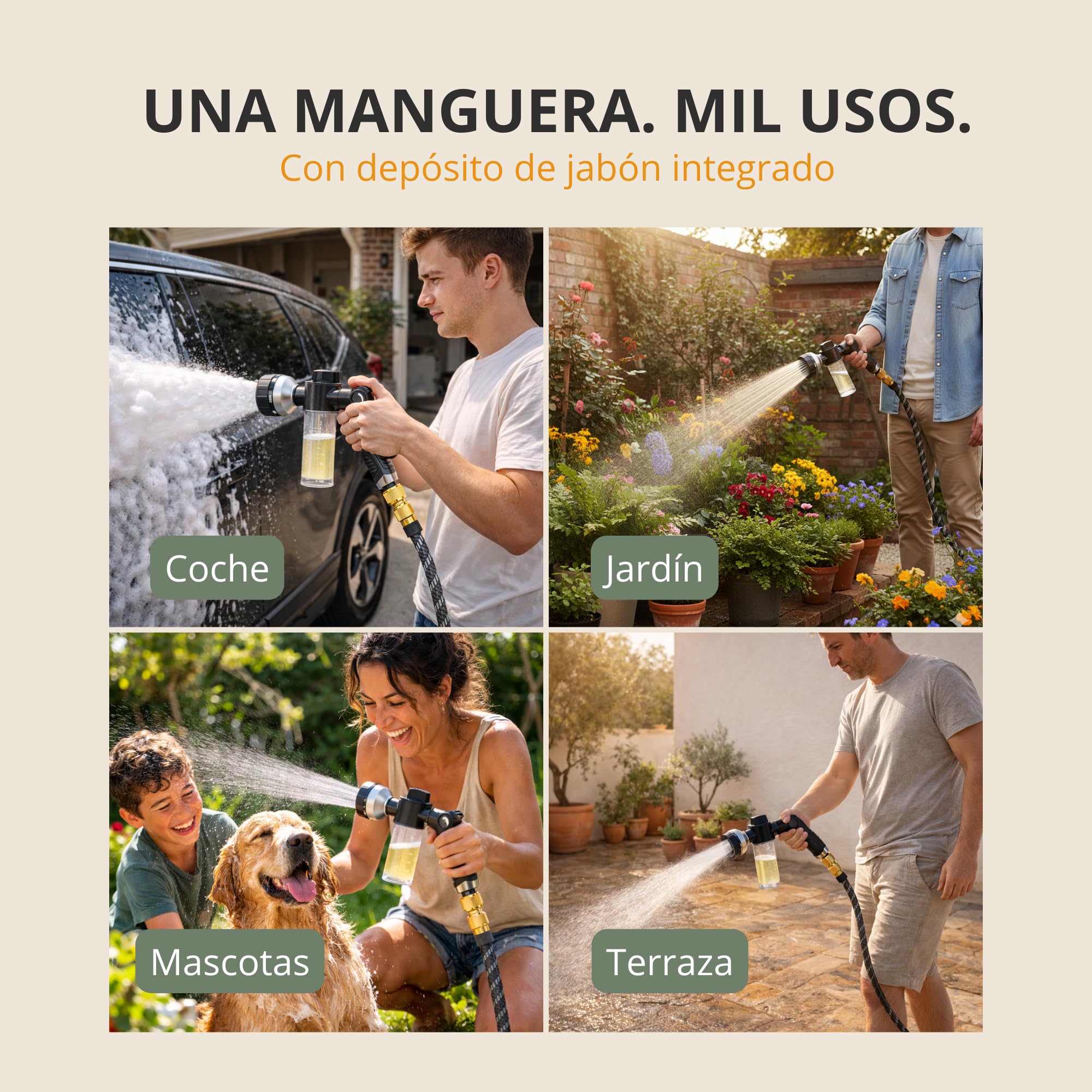 Manguera extensible de 15 metros, manguera jardin extensible de poliéster resistente 3300D, con conectores de latón y pistola con depósito de jabón, incluye set con colgador y bolsa de almacenaje