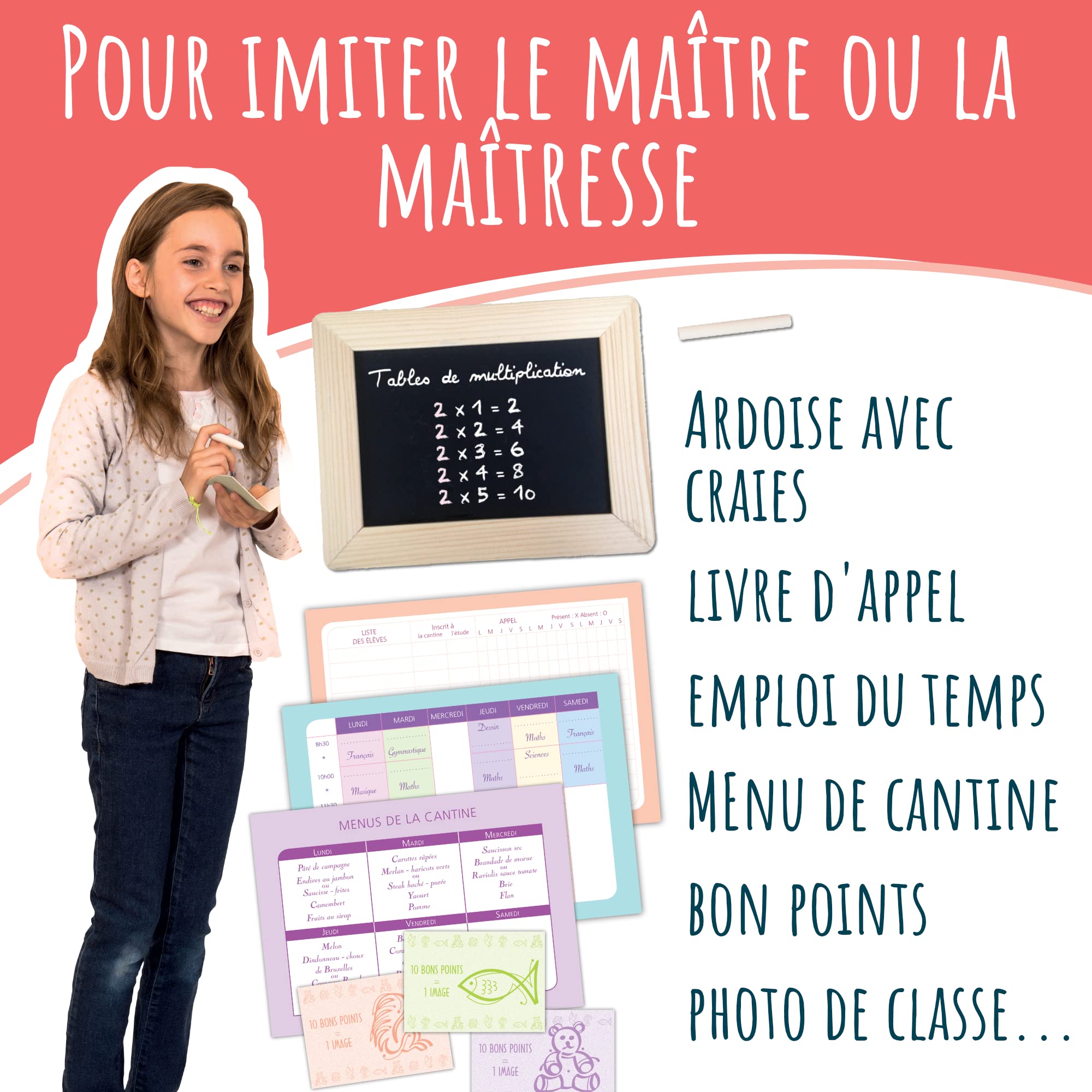 Amulette - Coffret Si J’étais la Maîtresse - Jeu Éducatif 6 à 10 Ans - 80+ Accessoires pour Jouer à la Maîtresse d’École Primaire - Jouet Cadeau Enfant Fille Garçon Métier - Fabriqué en France - GCMA