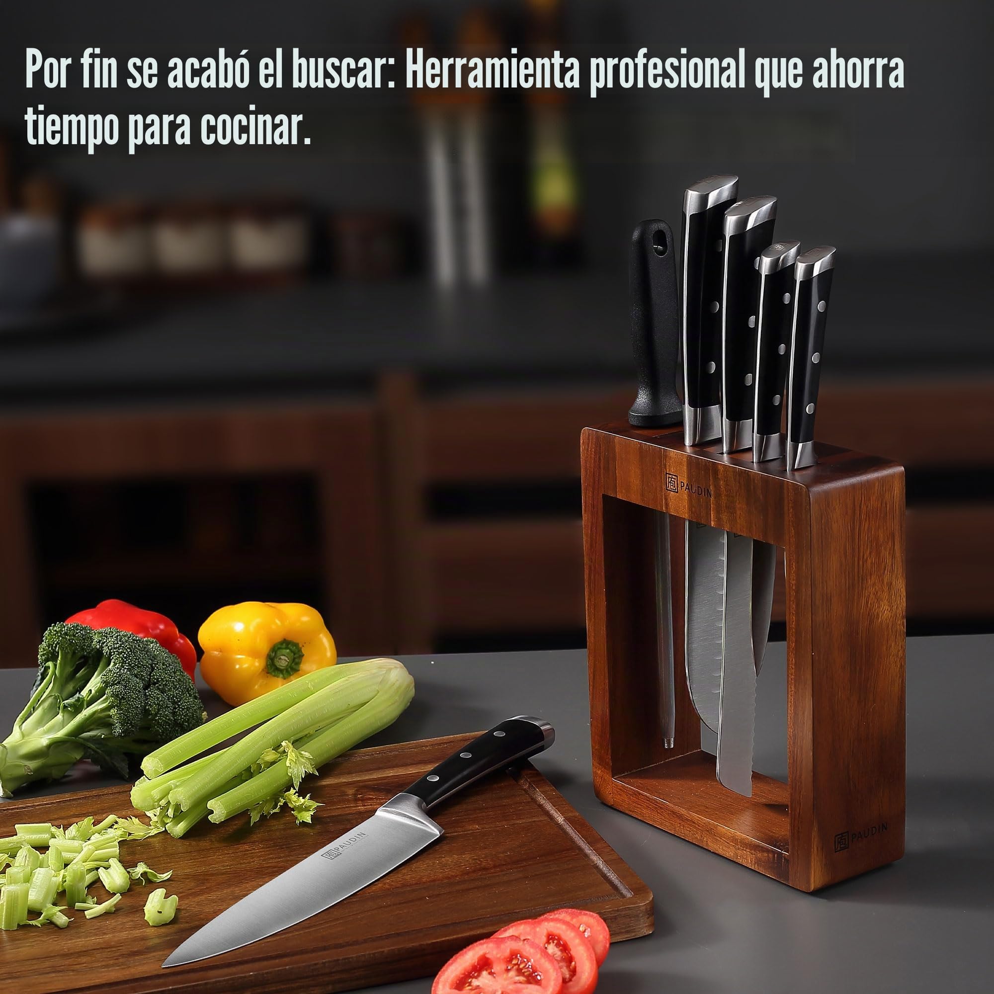 PAUDIN bloque de cuchillos con juego de cuchillos, juego de cuchillos de 7 piezas con bloque de cuchillos, juego de cuchillos de cocina con bloque de madera, juego de cuchillos de cocina profesional