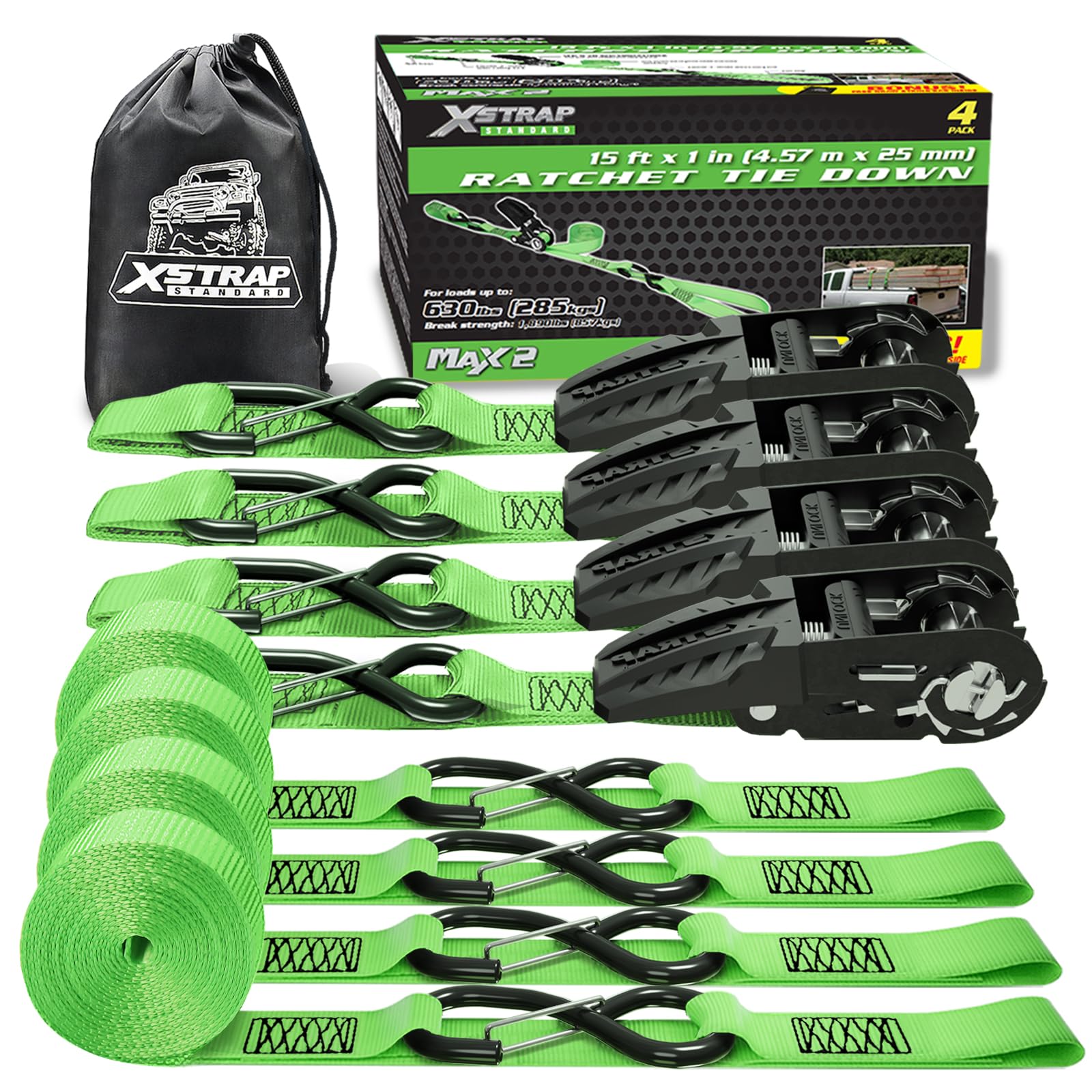 XSTRAP Standard Ratschenspanngurte, 4 Stück, 1 Zoll x 15 Fuß, 600 lbs, 1800 lbs, Ladungsgurte mit gepolsterten Griffen und beschichtetem S-Haken mit Clip