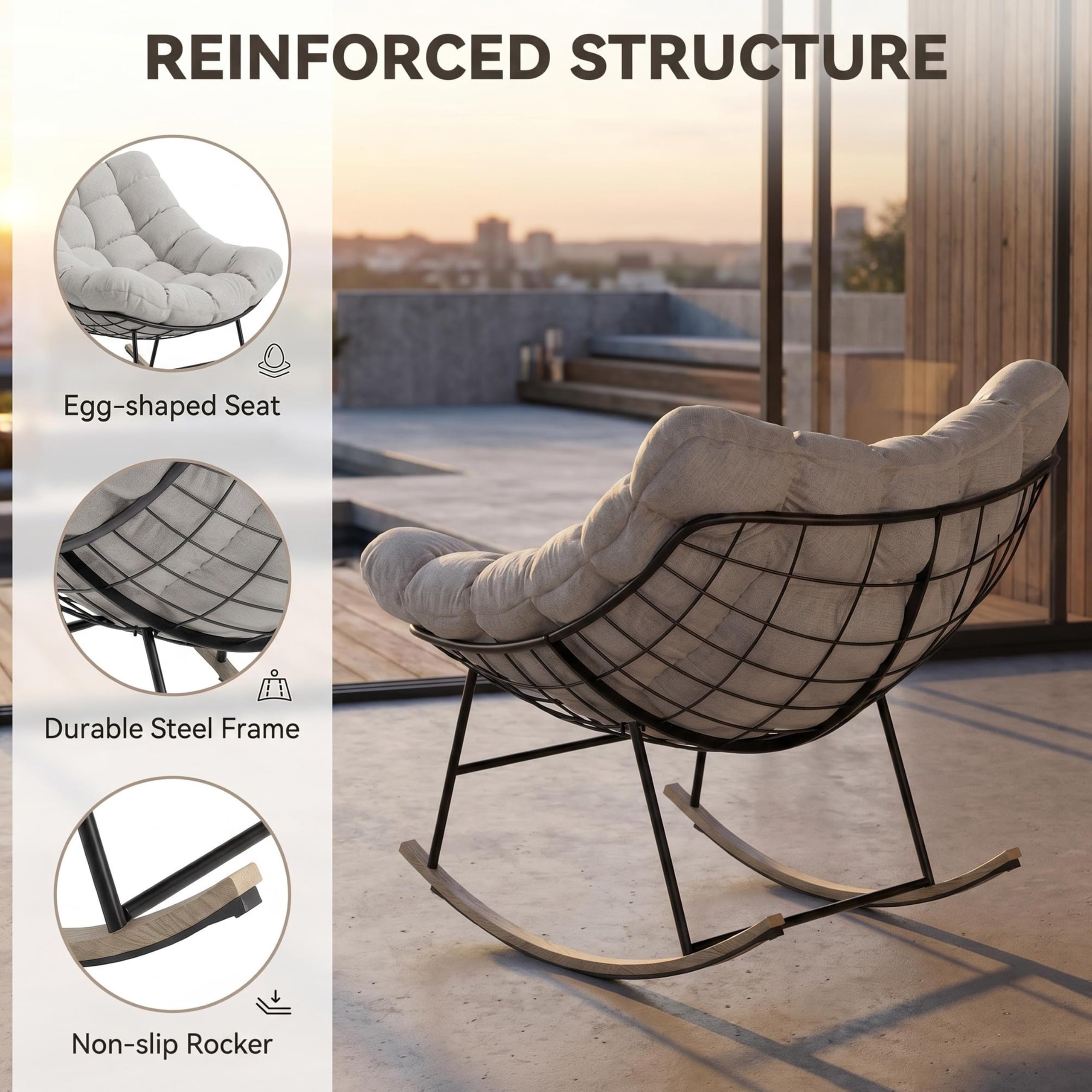 Fiutazge 2 Pezzi Sedia a Dondolo da Esterno,Poltrona Relax Ergonomica a Forma di Uovo per Giardino,Balcone,Veranda e Soggiorno,Portata 180 kg,Beige