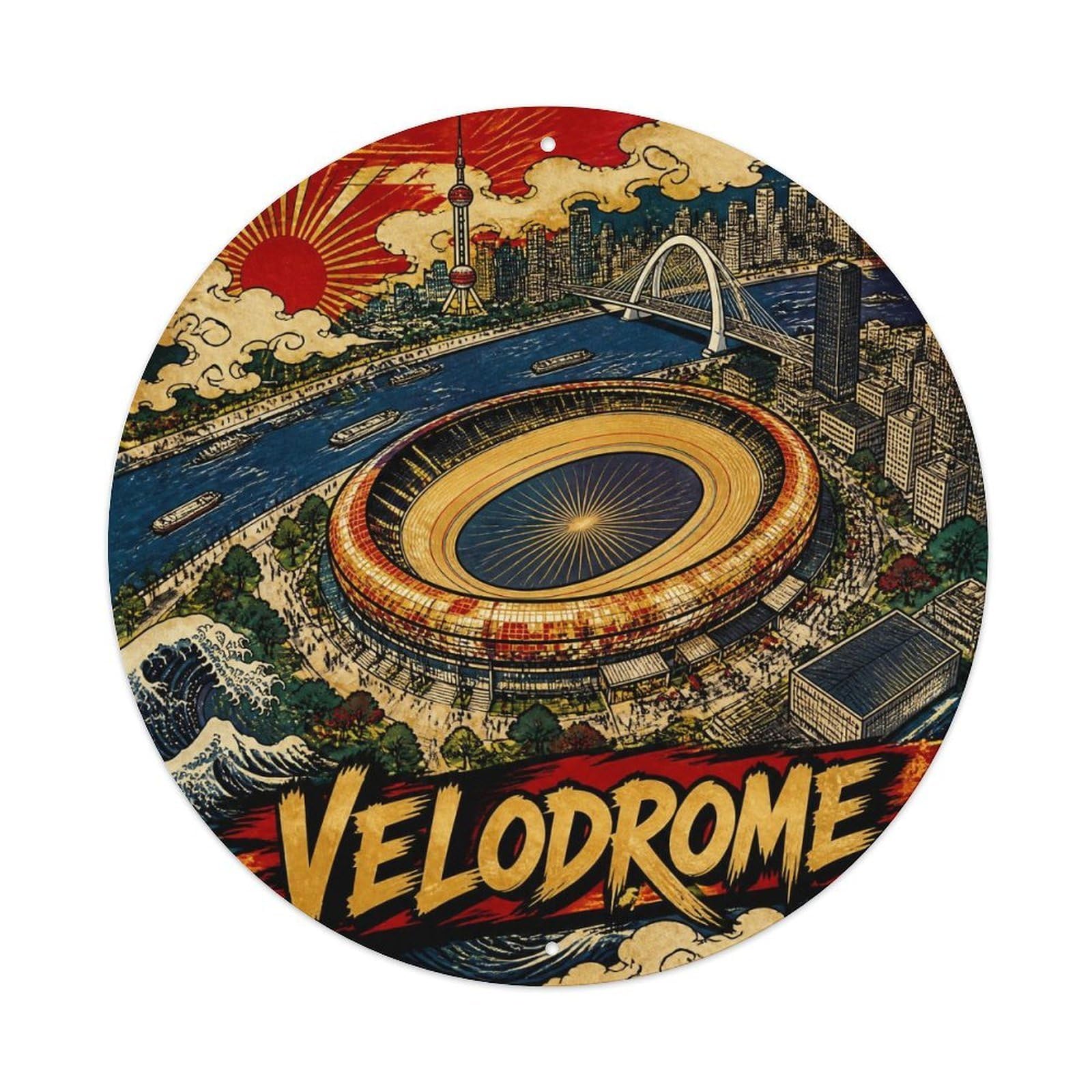Okngb Style Velodrome Arena Shanghai Monochrome Route Map Detail Metal Tin Sign Plaque Wall Decor For Cafe, Man Cave, Club Bar, Office, Home Garden Round Metal Poster 8X8inch