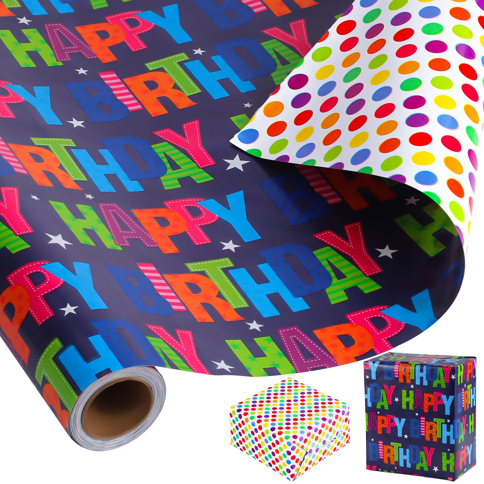woric 11m x 43cm Birthday Wrapping Paper Roll, Double Sided Colorful Wrapping Paper for Kids Boys Adults Gift Wrap Birthday Baby Shower Party DIY Carft