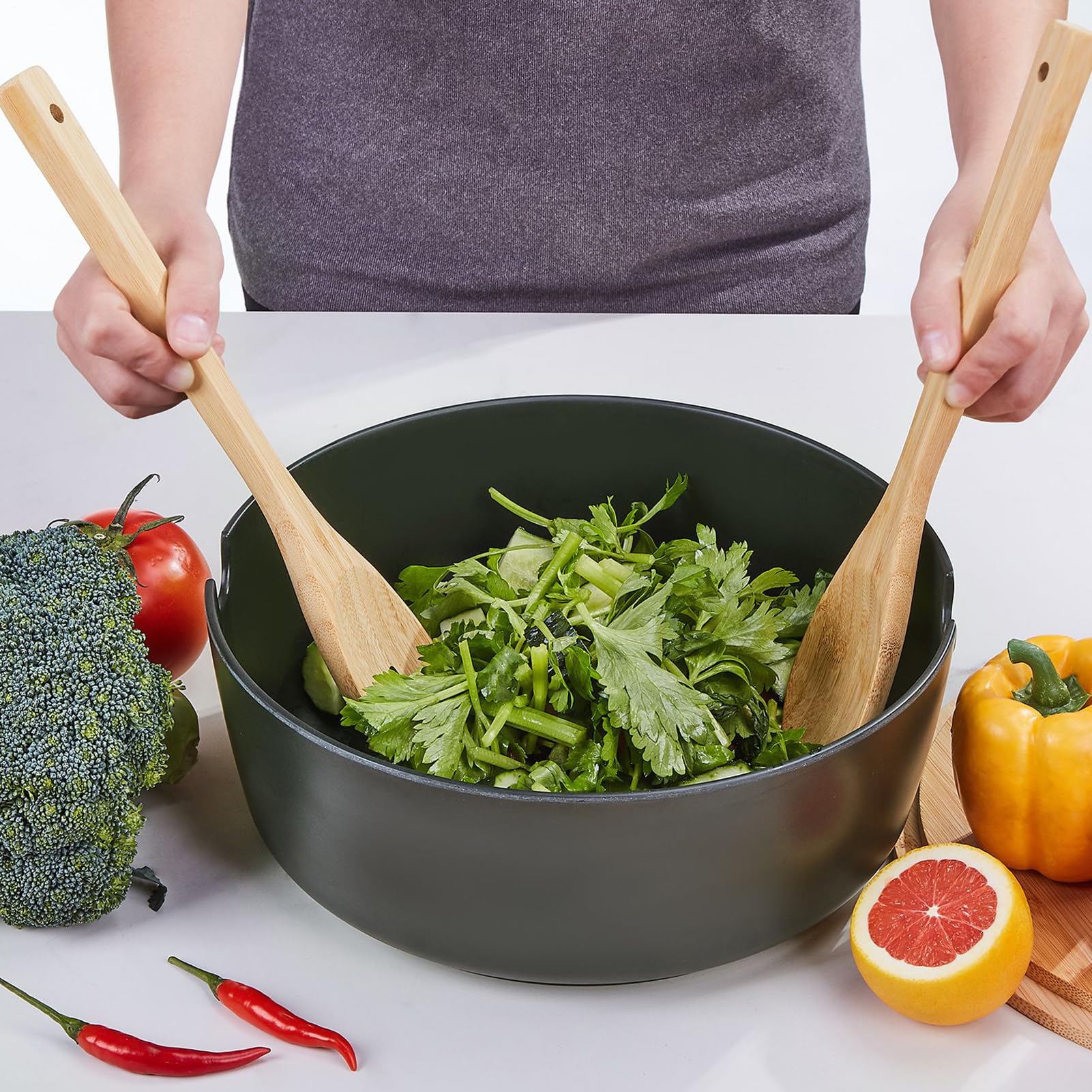 Ensaladeras Grandes Recipientes de Madera para Alimentos, Utensilios de | Bol Grande Para Servir Ensalada Para Frutas Verduras Aperitivos Almuerzo Cena Preparar Mezclar C