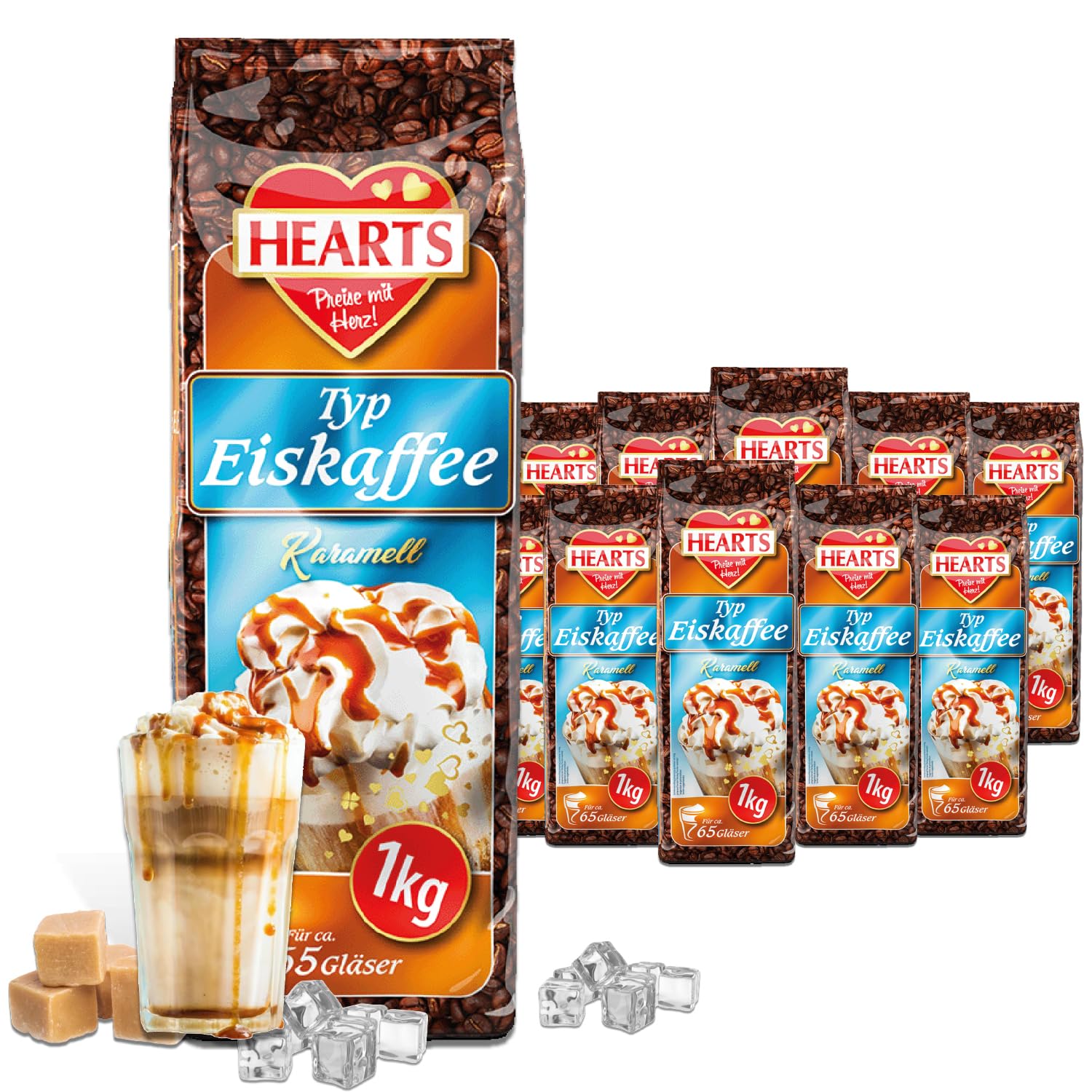 HEARTS kawa mrożona w proszku karmelowa 20 x 1 kg, korzystne opakowanie idealne na stacje benzynowe, piekarnie, hotele, przedsiębiorstwa itd. – Zmielona kawa na lato, Frappe Art, letni napój,
